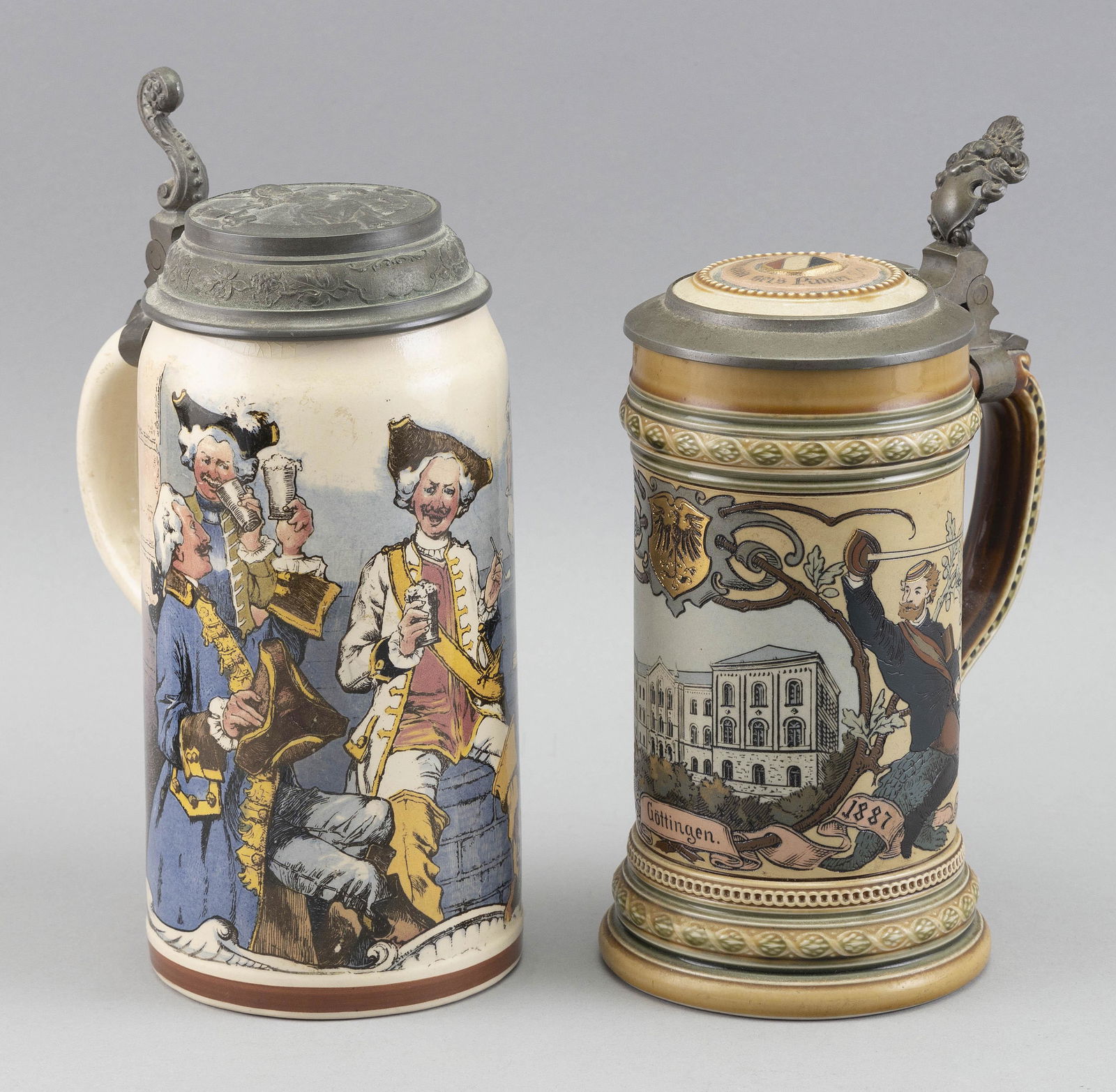 TWO METTLACH STEINS #1143 AND #1742 Early 20th Century Heights 8.5” and 8”. (1 of 3)