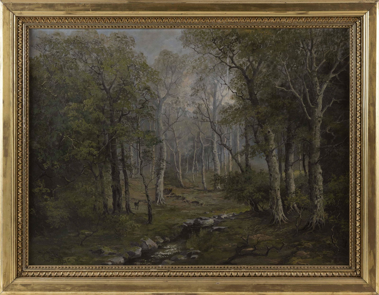 AMERICAN SCHOOL (Late 19th Century,), Forest interior., Oil on canvas, 22" x 30". Framed 27" x 36". (1 of 2)