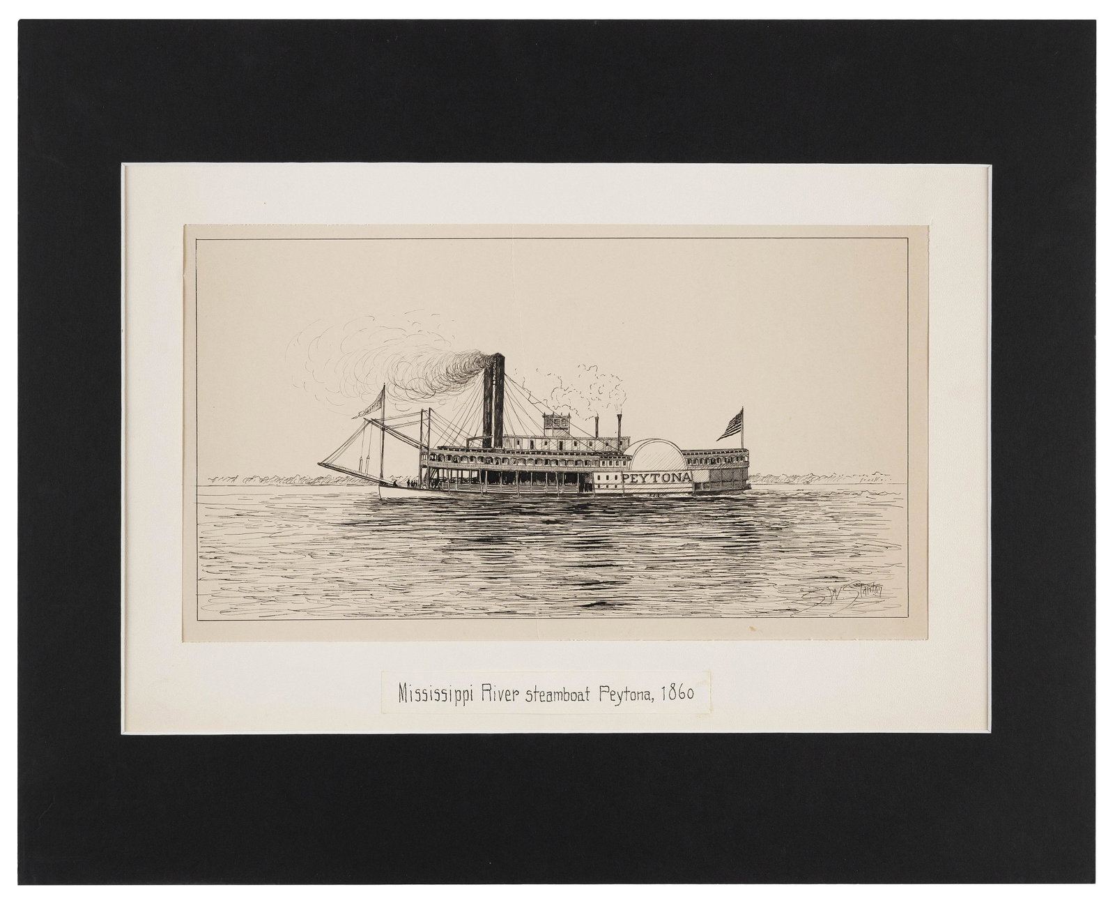 SAMUEL STANTON (New York, 1870-1912), "Mississippi River steamboat Peytona, 1860"., Pen and ink on: SAMUEL STANTON New York, 1870-1912 "Mississippi River steamboat Peytona, 1860". Signed in ink lower right “S.W. Stanton”. Titled in ink in lower margin. Pen and ink on thick smoo