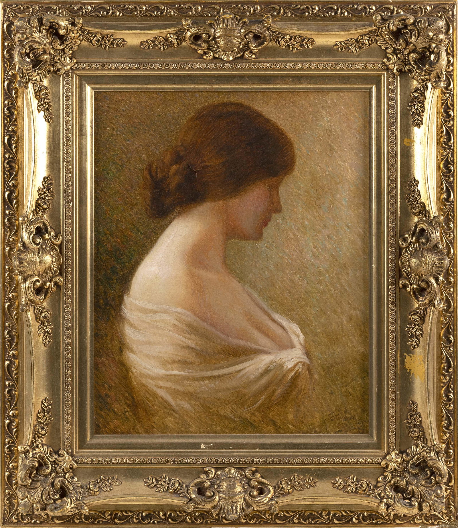 AMERICAN SCHOOL (Late 19th Century,), Portrait of a young lady., Oil on canvas, 20" x 16". Framed: AMERICAN SCHOOL Late 19th Century Portrait of a young lady. Signed lower right, possibly "G. Coriset". Oil on canvas, 20" x 16". Framed 30" x 26". Dimensions: Oil on canv
