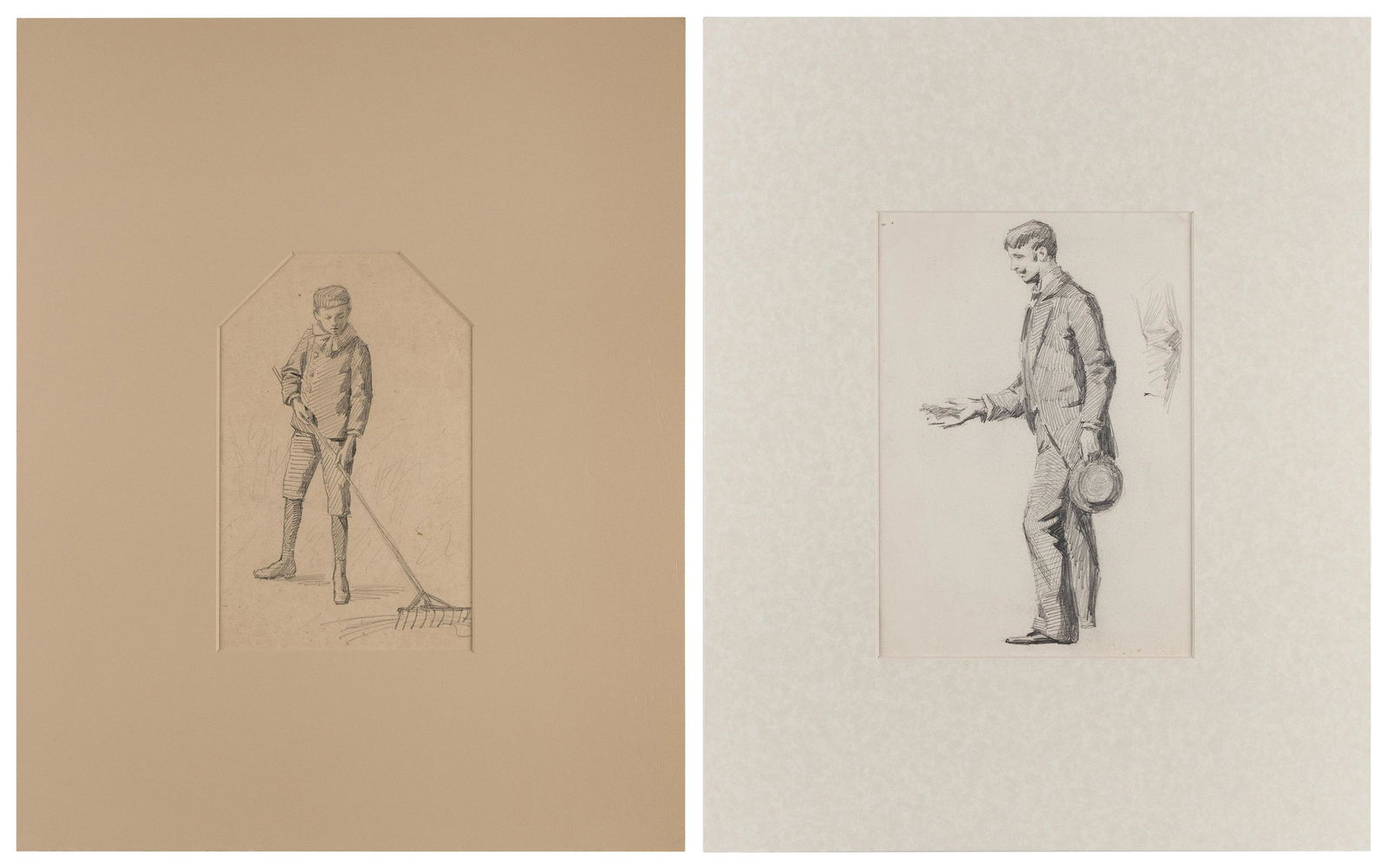 FRANCIS LUIS MORA (New York/Connecticut, 1874-1940), Two pencil drawings:, Both matted 16” x: FRANCIS LUIS MORANew York/Connecticut, 1874-1940Two pencil drawings: 1) A young boy raking. On thin brown paper, 10.25” x 7” (260mm x 177mm).2) Portrait study of a man in a suit holding a