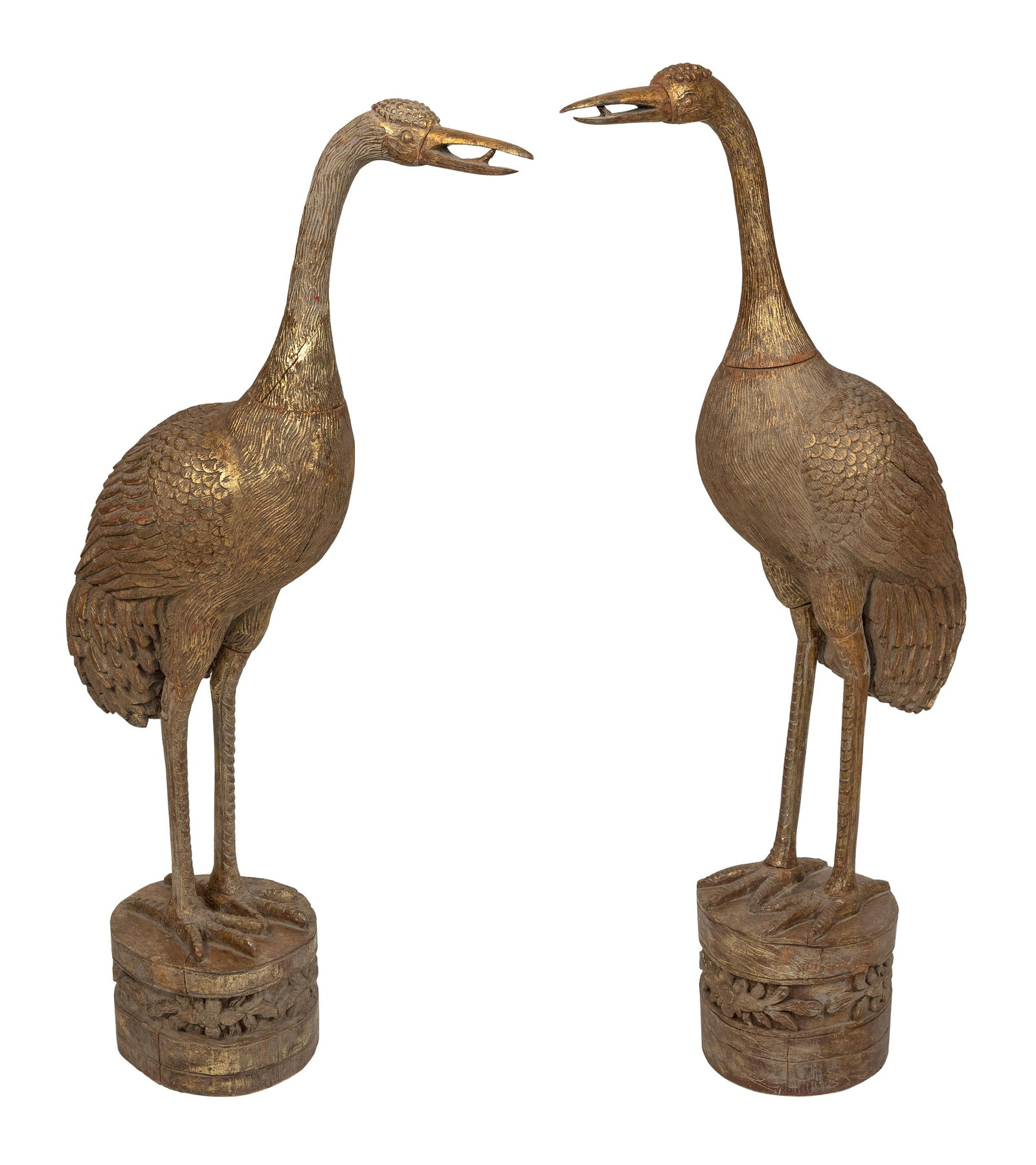 PAIR OF JAPANESE MEIJI PERIOD CARVED WOODEN CRANES Late 19th/Early 20th Century Heights 50.5".: PAIR OF JAPANESE MEIJI PERIOD CARVED WOODEN CRANES Late 19th/Early 20th Century Naturalistic bases. Heights 50.5".