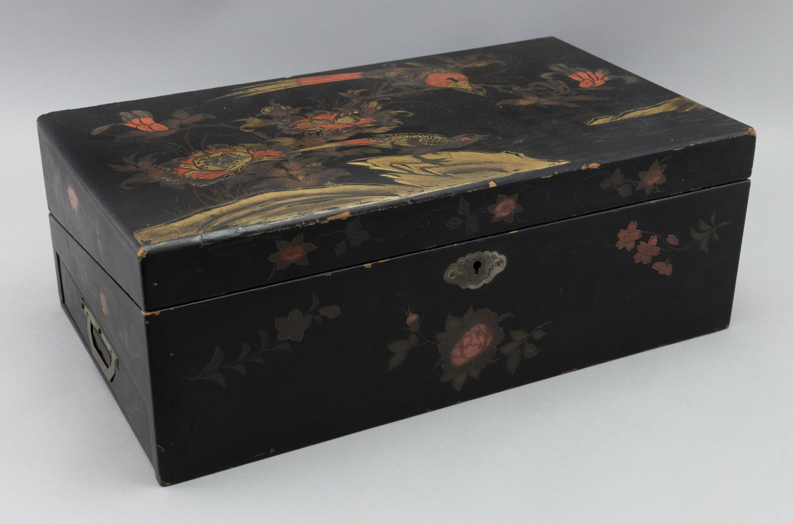 CHINOISERIE BLACK, RED AND GOLD LACQUER WRITING BOX Late 19th Century Height 6”. Width (1 of 3)