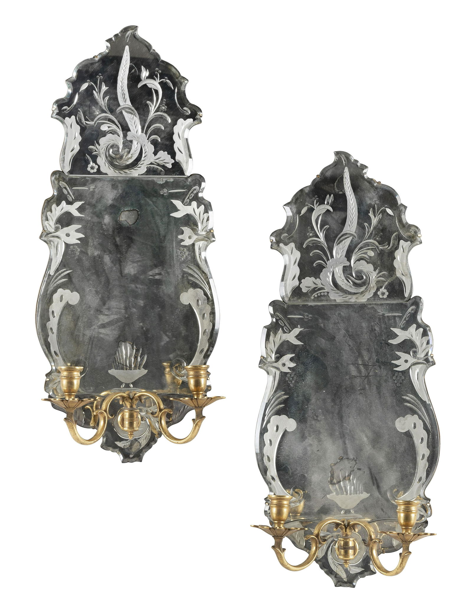 PAIR OF FRENCH ETCHED MIRROR-BACK SCONCES Early 20th Century Heights 24". Lengths 10". Depths 6". (1 of 1)
