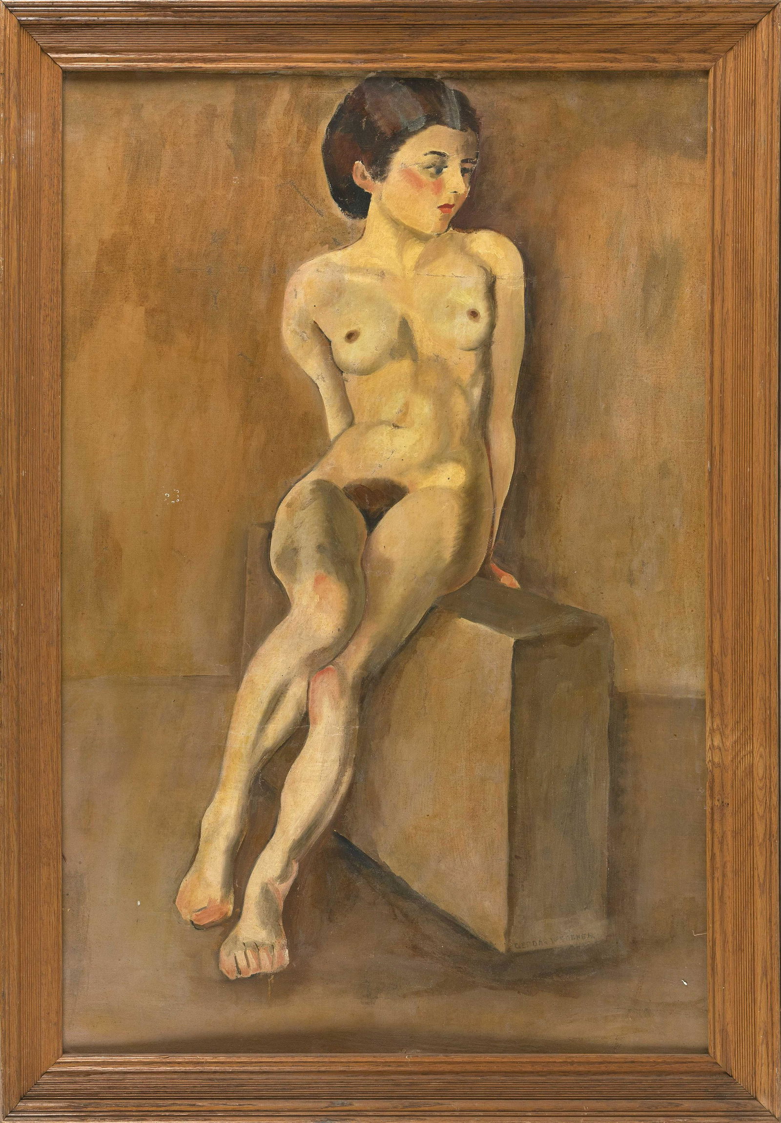GERDA WEGENER (Denmark, 1885-1940), Female nude., Oil on canvas, 35.65” x 25”. Framed: GERDA WEGENERDenmark, 1885-1940Female nude. Signed lower right “Gerda Wegener”. Exhibition label verso typed “#33 Gerda Wegener ‘weiblichner akt'".Oil on canvas, 35.65R