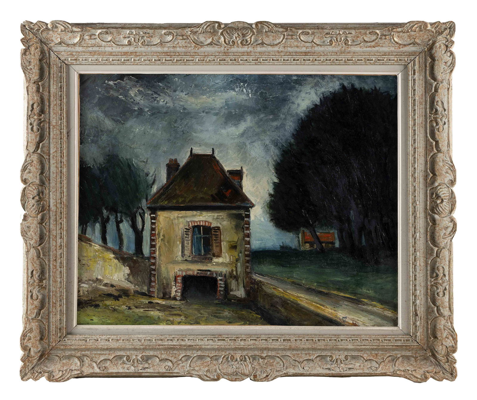 CONTINENTAL SCHOOL (Mid-20th Century,), House by a country road., Oil on canvas, 23.75" x 28.75". (1 of 2)