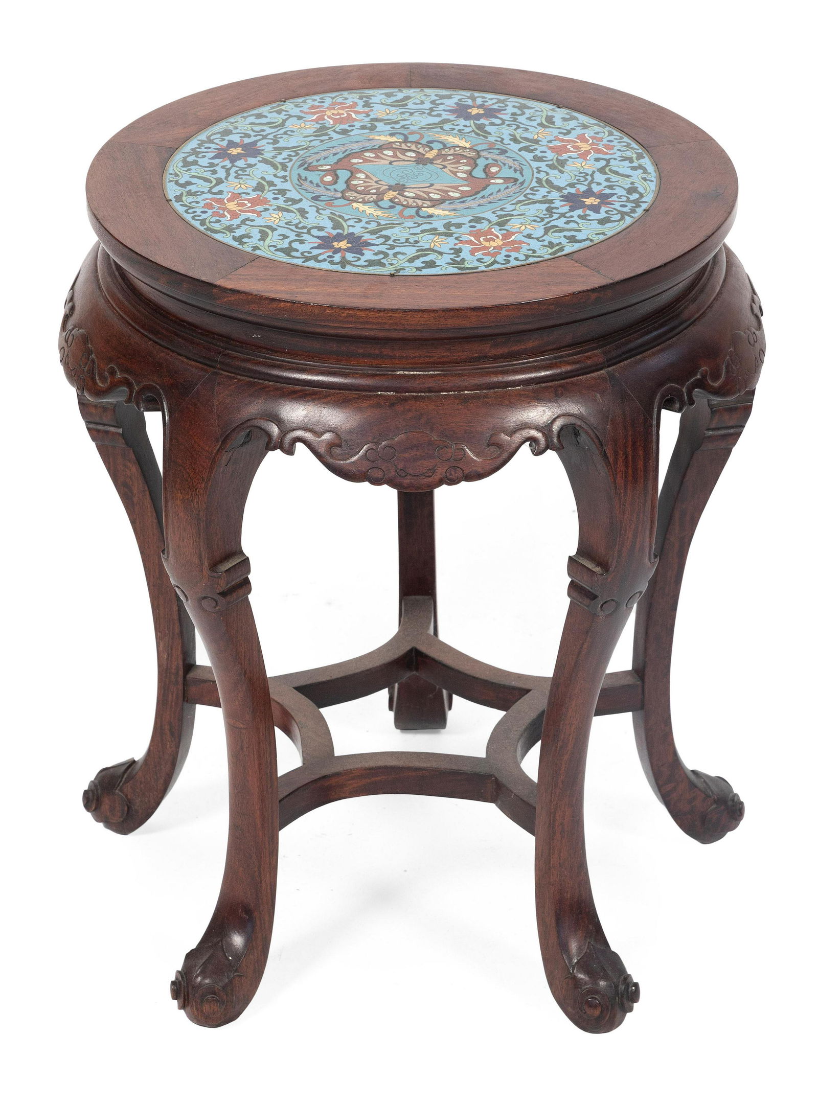 CHINESE CARVED ROSEWOOD TABORET WITH INSET CLOISONNÉ TOP Early 20th Century Height 20”. (1 of 1)