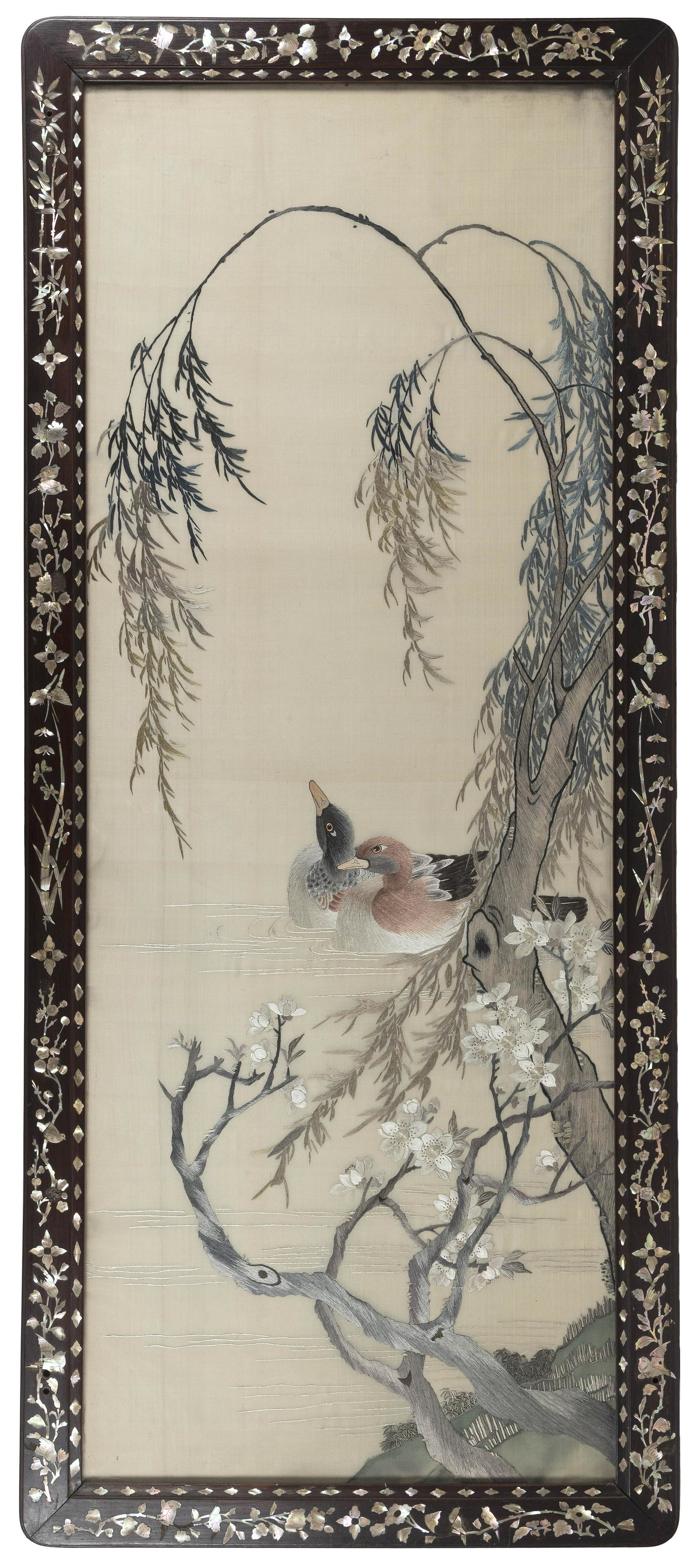 CHINESE SILK NEEDLEWORK IN A DECORATIVE FRAME 20th Century Needlework 56.75” x 22.25” (1 of 2)