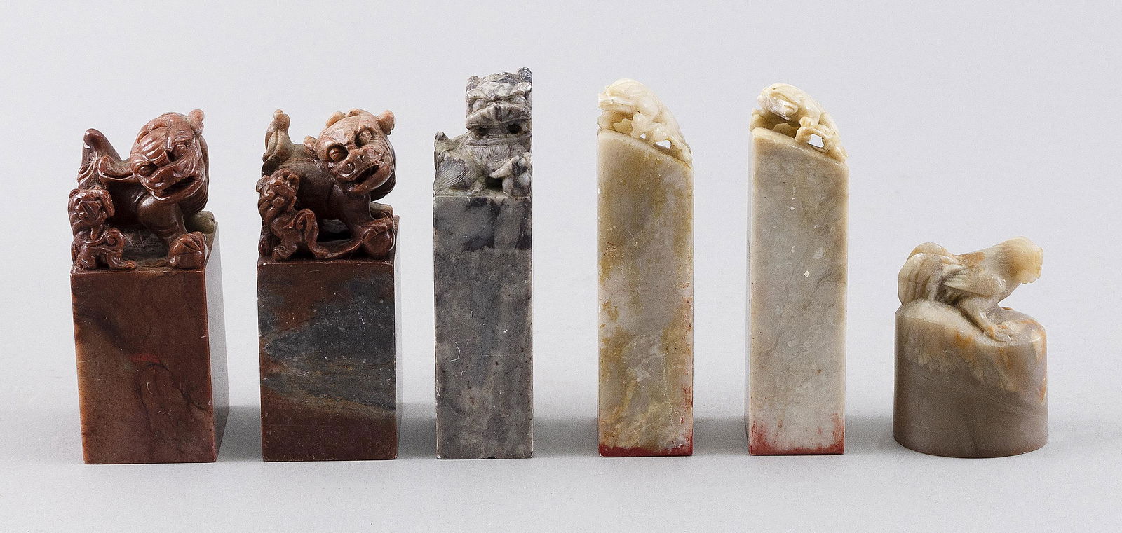 SIX CHINESE HARDSTONE SEALS 20th Century Heights from 2.5” to 4”. (1 of 3)