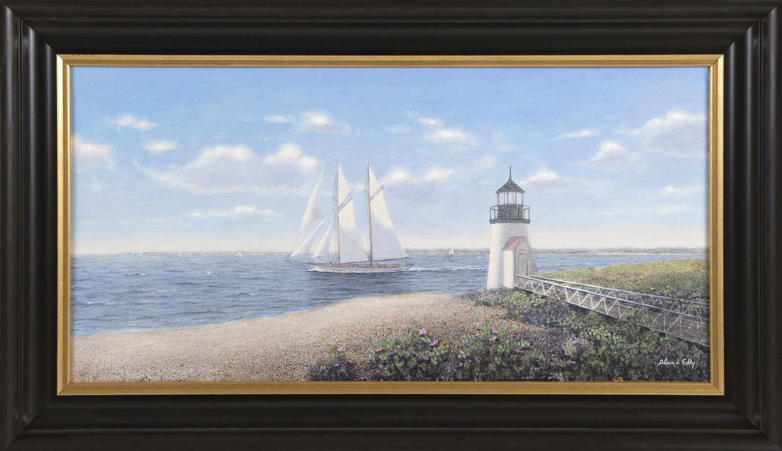 ALAN J. EDDY (Massachusetts, b. 1940), Sailing off Brant Point, Nantucket., Oil on board, 15" x 30".: ALAN J. EDDY Massachusetts, b. 1940 Sailing off Brant Point, Nantucket. Signed lower right "Alan J. Eddy". Oil on board, 15" x 30". Framed 20.5" x 35.5". Dimensions: Oil 