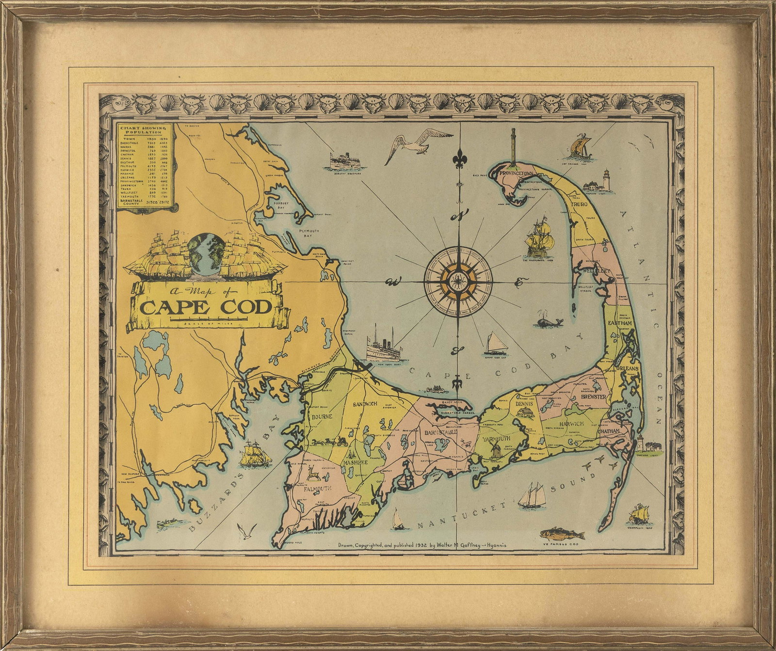 TWO MAPS OF CAPE AND ISLANDS INTEREST Framed 26” x 35” and 21” x 25”.: TWO MAPS OF CAPE AND ISLANDS INTEREST 1) “The Sea Coast of Massachusetts” depicting Martha’s Vineyard and Nantucket. Dated 1856. 2) A map of Cape Cod by Walter M. Gaffney. Dated 1932