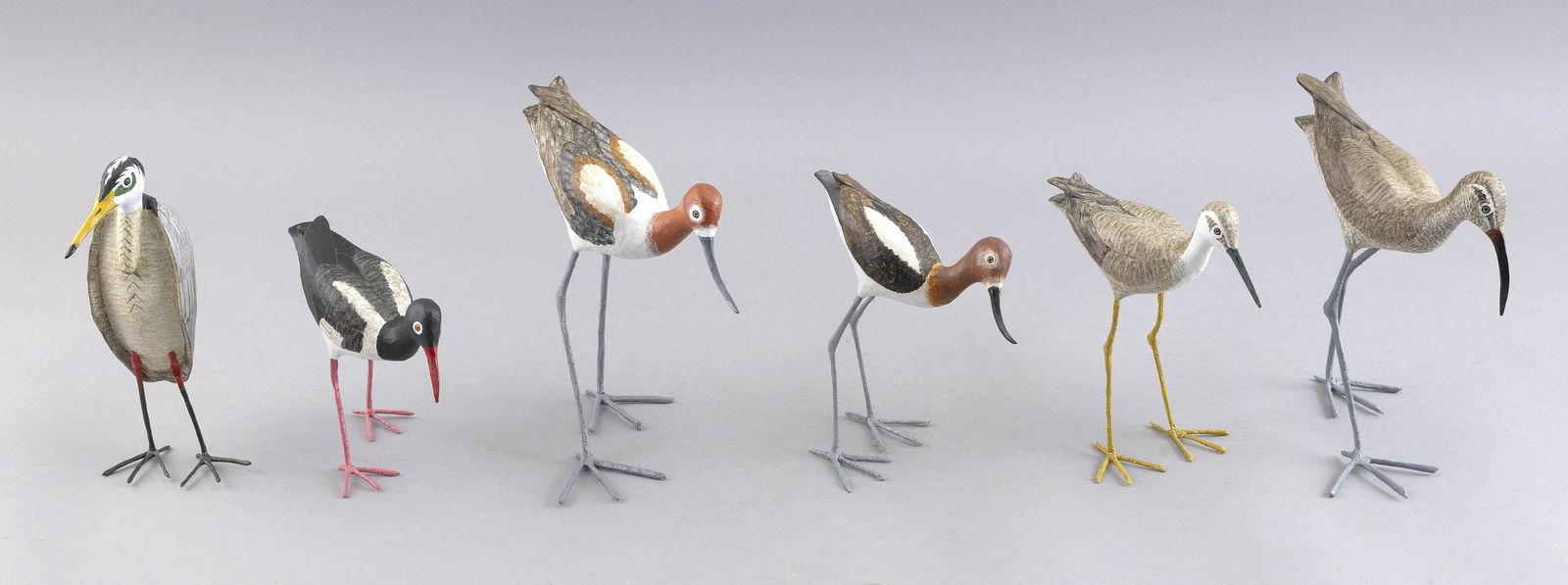 SIX MINIATURE BIRD CARVINGS 20th Century Heights from 4” to 7”. (1 of 3)