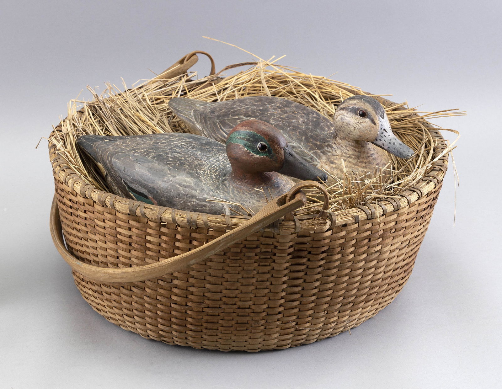 PAIR OF GREEN-WINGED TEAL CARVINGS IN A SPLINT BASKET 20th Century Lengths 11.25”. Basket (1 of 4)