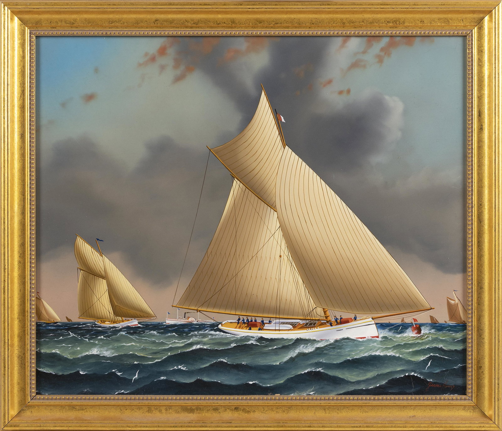 JEROME HOWES (New York/Massachusetts/Vermont, b. 1955), Yachts racing., Oil on masonite, 20” x: JEROME HOWES New York/Massachusetts/Vermont, b. 1955 Yachts racing. Signed lower right “Jerome Howes”. Oil on masonite, 20” x 24”. Framed 23.5” x 27.5”. Dimensions:
