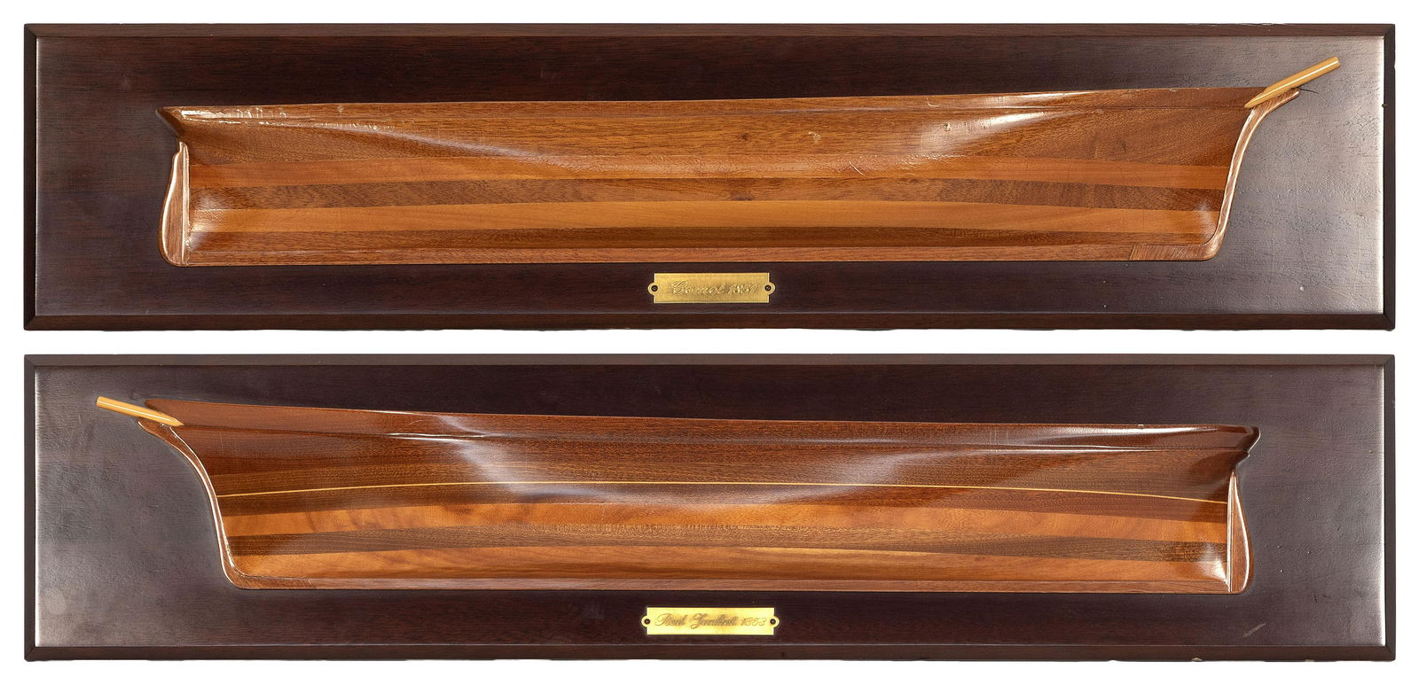 TWO MOUNTED DECORATIVE HALF HULL MODELS 20th Century Backboards 8” x 35” and 9” x (1 of 3)