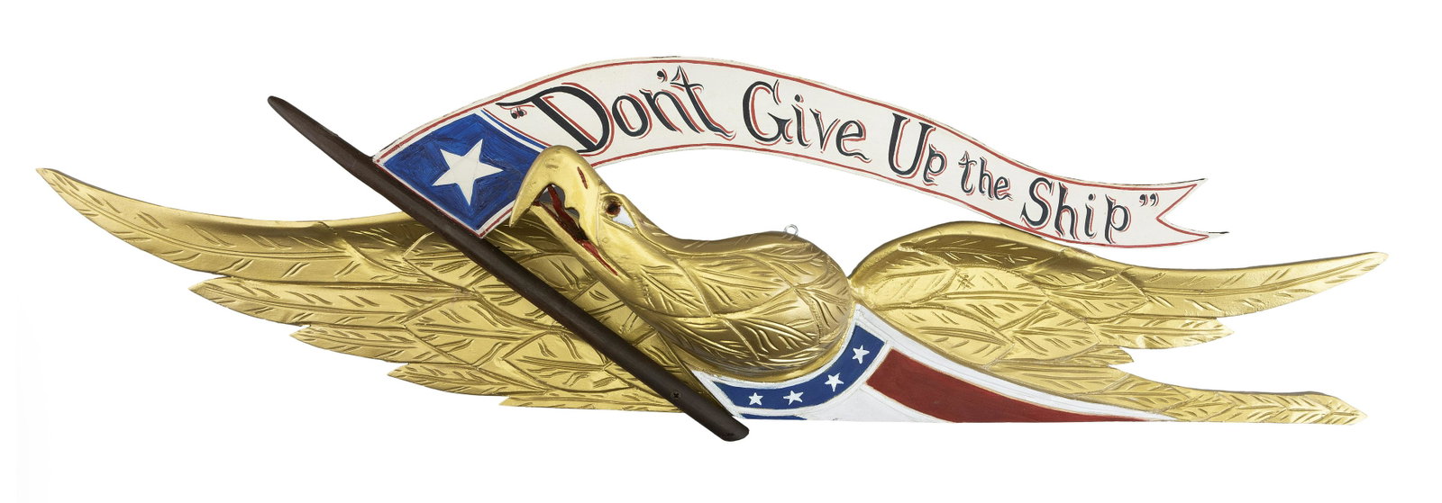 JEROME HOWES CARVED AND PAINTED WOODEN BELLAMY-STYLE EAGLE New York/Massachusetts/Vermont, b. 1955: JEROME HOWES CARVED AND PAINTED WOODEN BELLAMY-STYLE EAGLE New York/Massachusetts/Vermont, b. 1955 With a “Don’t Give Up The Ship” banner. Signed on back “Jerome Howes”. 