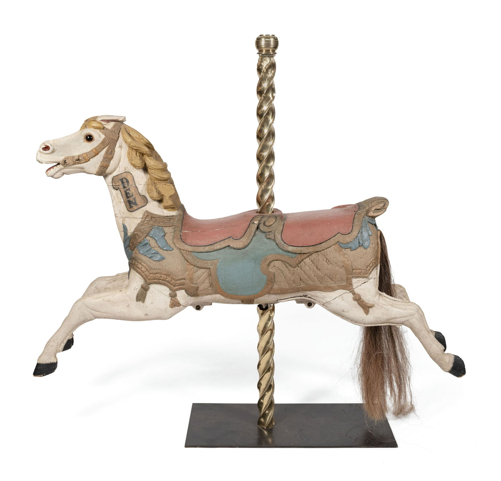 OUTSTANDING CARVED AND PAINTED CAROUSEL HORSE Late 19th/Early 20th Century Total height 67". Horse (1 of 3)