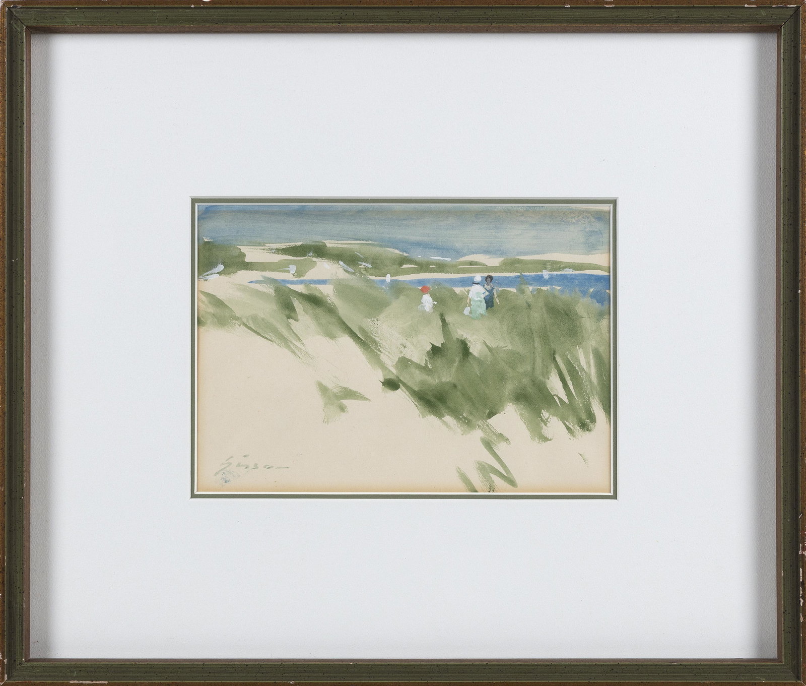 AMERICAN SCHOOL (20th Century,), Figures in the dunes., Watercolor on paper, 6” x 8.5”: AMERICAN SCHOOL 20th Century Figures in the dunes. Signed lower left “Sisson”. Watercolor on paper, 6” x 8.5” sight. Framed 14” x 16.5”. Dimensions: Watercolor on p