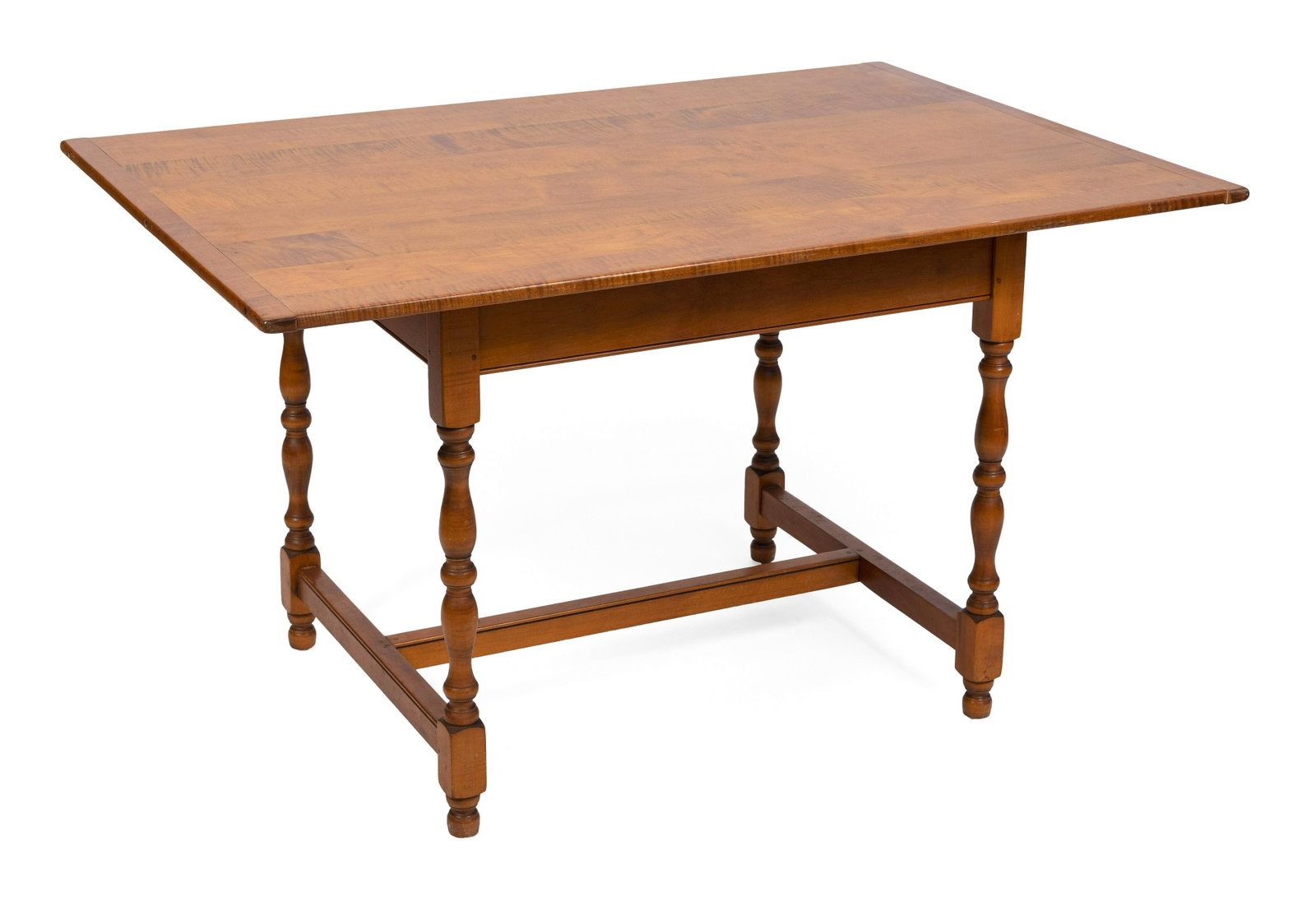 WARREN CHAIR WORKS HARVEST TABLE Warren, Rhode Island, 20th Century Height 30”. Length: WARREN CHAIR WORKS HARVEST TABLE Warren, Rhode Island, 20th Century In tiger maple. Top with breadboard ends. Stretcher base. Height 30”. Length 52”. Width 36”.