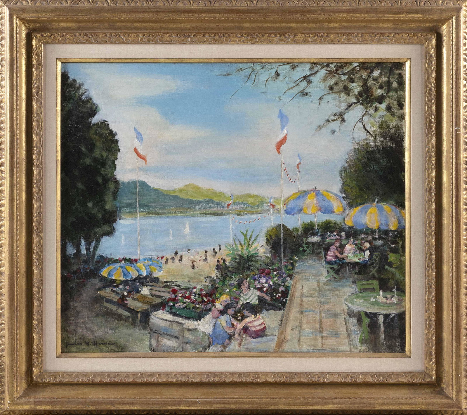 JULES RENE HERVE (France/America, 1887-1981), Waterfront cafe., Oil on canvas, 18" x 22". Framed 25": JULES RENE HERVE France/America, 1887-1981 Waterfront cafe. Signed lower left "Jules R. Herve". Oil on canvas, 18" x 22". Framed 25" x 29". Dimensions: Oil on canvas, 18" x 22". Framed 25" x 29". Arti