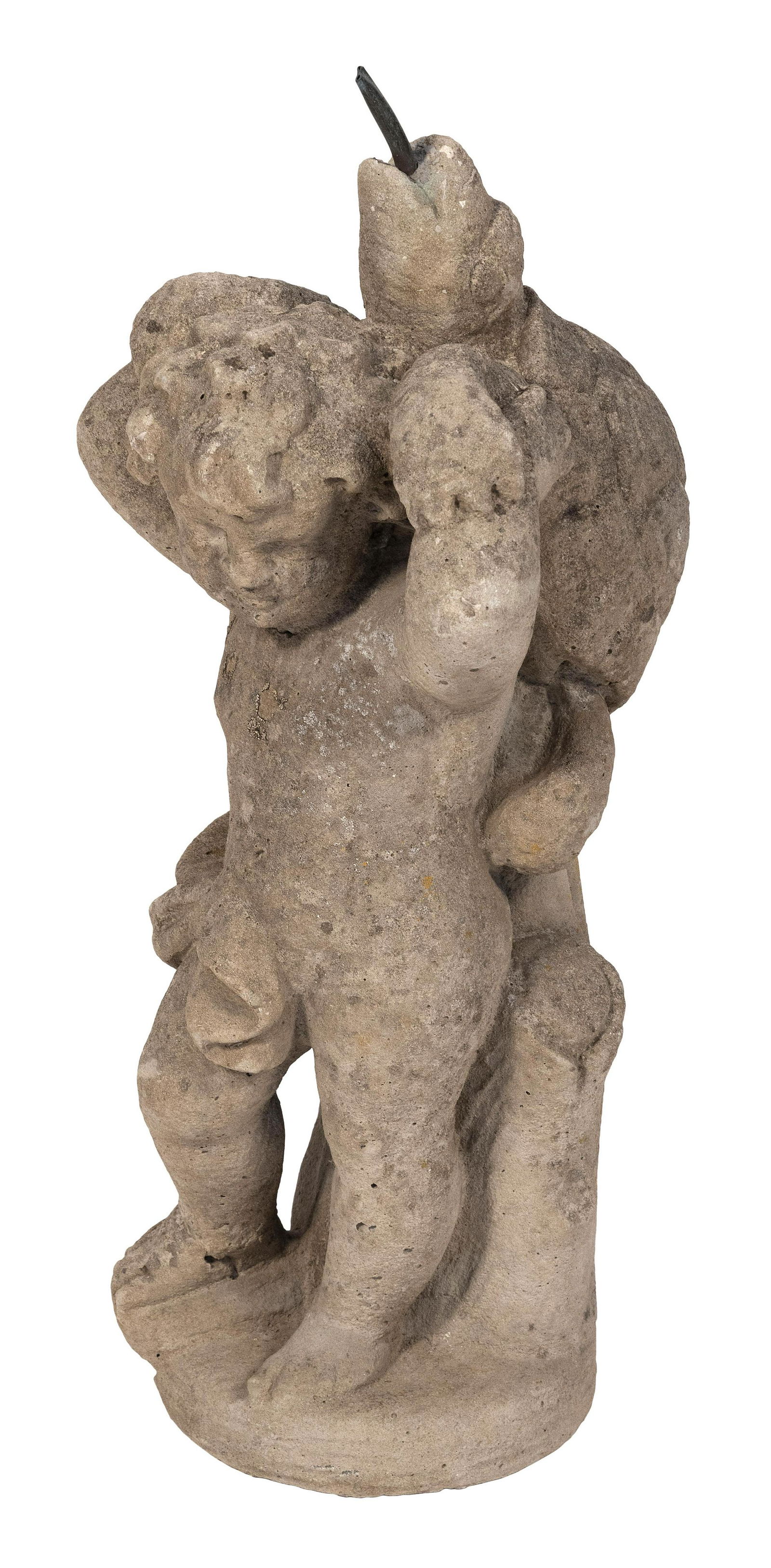 CEMENT GARDEN STATUE OF A CHERUB AND TORTOISE 20th Century Height 28”. (1 of 2)