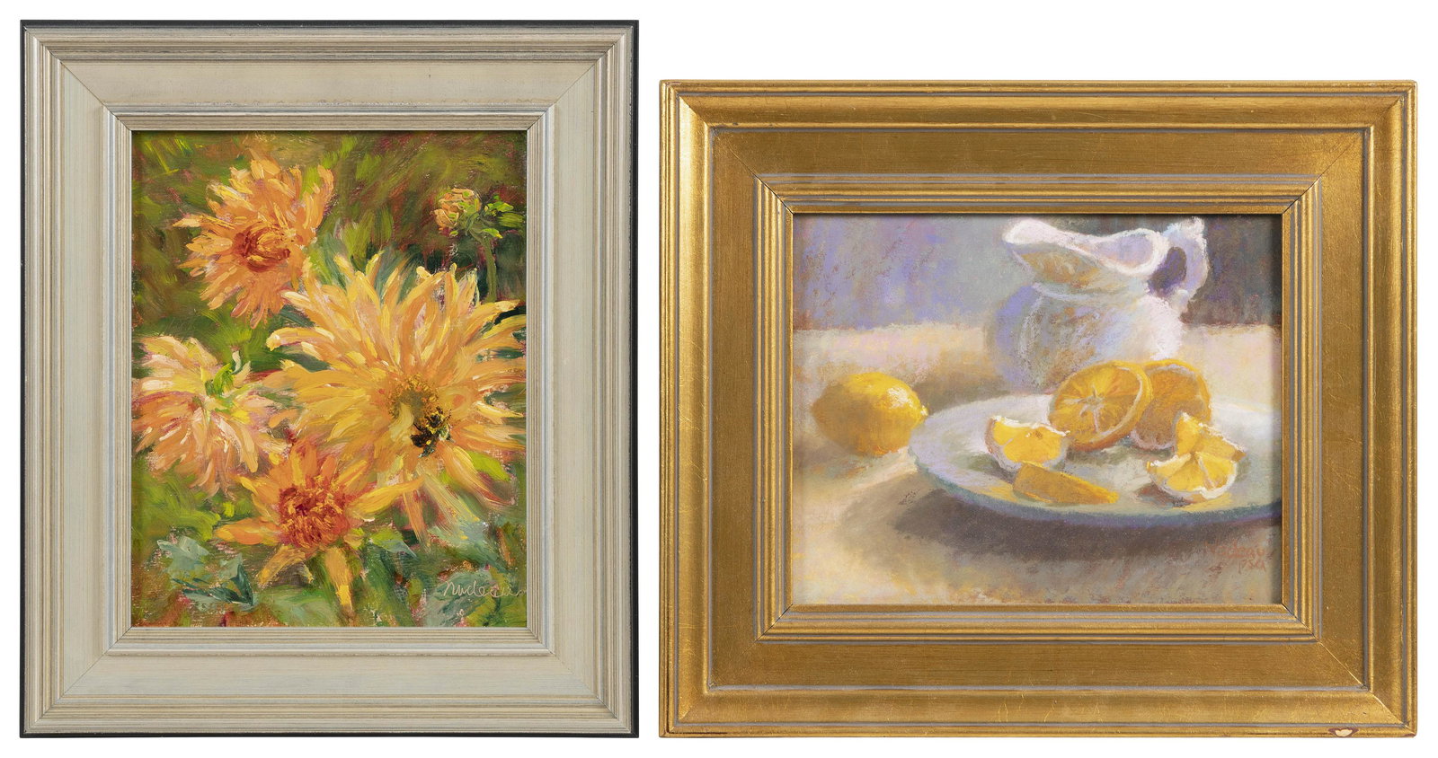 ROSALIE NADEAU (Cape Cod, Massachusetts, Contemporary), Two works:, Framed 14” x 12”.: ROSALIE NADEAU Cape Cod, Massachusetts, Contemporary Two works: 1) “Peachy”. Signed lower right. Oil on board, 10” x 8”. 2) “Water with Lemon”. Signed lower left. P