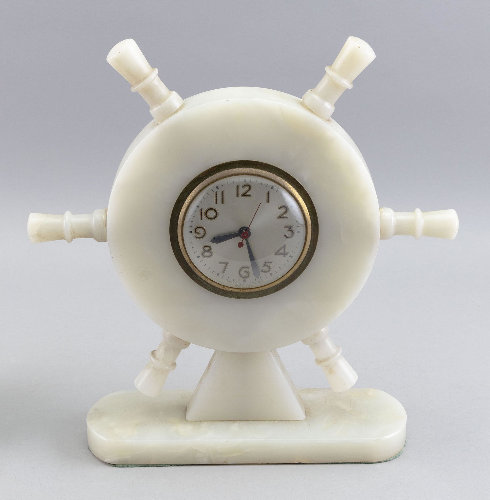 ALABASTER MANTEL CLOCK IN THE FORM OF A SHIP’S WHEEL 20th Century Height 14”. Width (1 of 2)