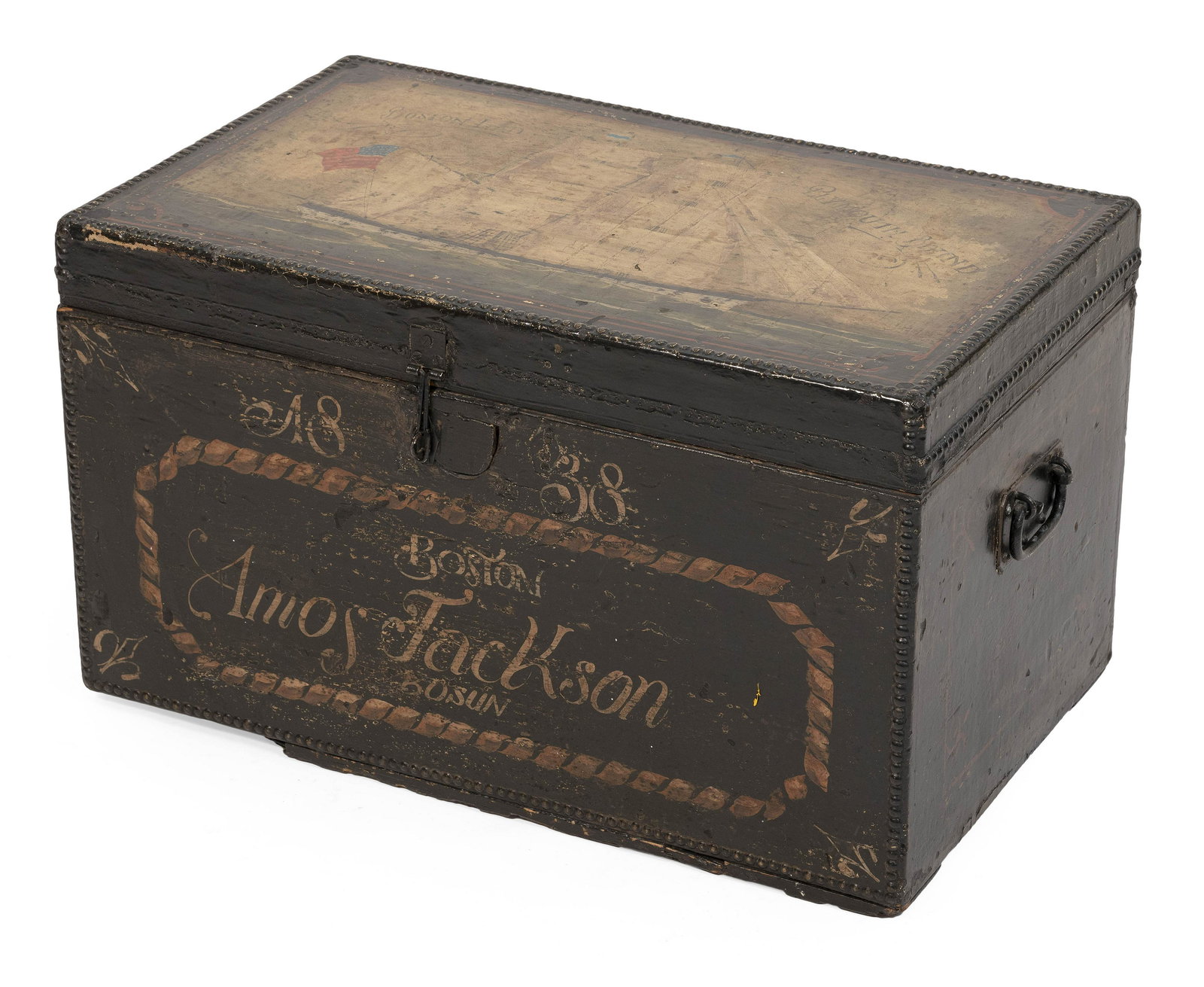 CHEST WITH MARITIME-THEME PAINTED DECORATION 19th Century Height 18”. Width 31”. Depth (1 of 2)