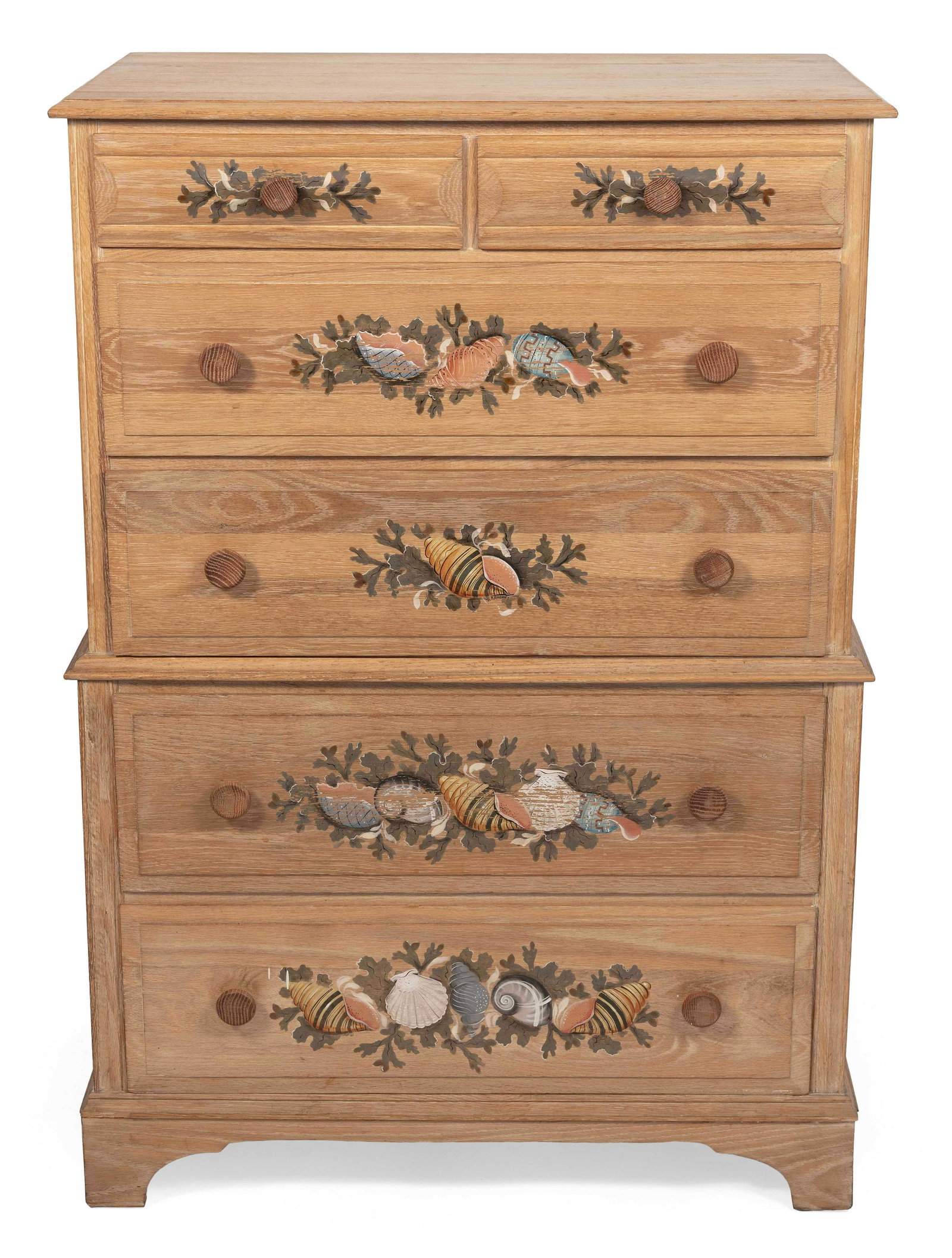 RALPH EUGENE CAHOON, JR. (Massachusetts, 1910-1982), Six-drawer chest and mirror with painted: RALPH EUGENE CAHOON, JR. Massachusetts, 1910-1982 Six-drawer chest and mirror with painted seashell and seaweed decoration. Chest in chestnut. Signed on drawer front “R. Cahoon”. Chest hei