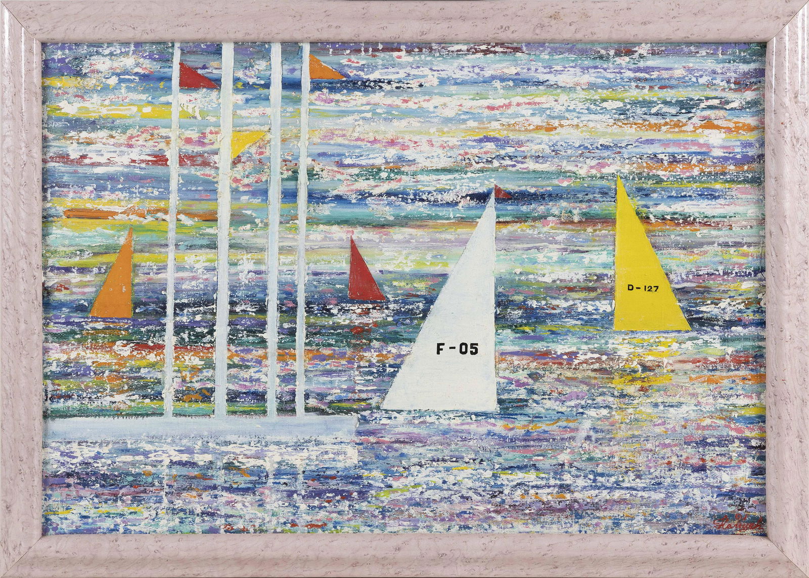 RUSSIAN SCHOOL (Late 20th Century,), Colorful sails., Oil on canvas, 17" x 25". Framed 20" x 27".: RUSSIAN SCHOOLLate 20th CenturyColorful sails. Signed and dated lower right "Hemyeh '91". Inscribed in Cyrillic verso. Kaminski auction label verso.Oil on canvas, 17" x 25". Framed