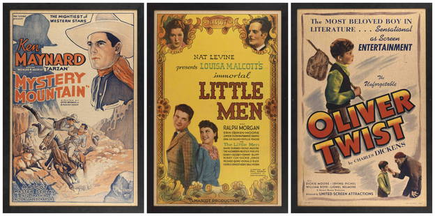 THREE VINTAGE MOVIE POSTERS 1930s Framed 43.5” x 29.5”.: THREE VINTAGE MOVIE POSTERS1930s“Little Men”, “Oliver Twist” and “Mystery Mountain”. All mounted and framed.Framed 43.5” x 29.5”.