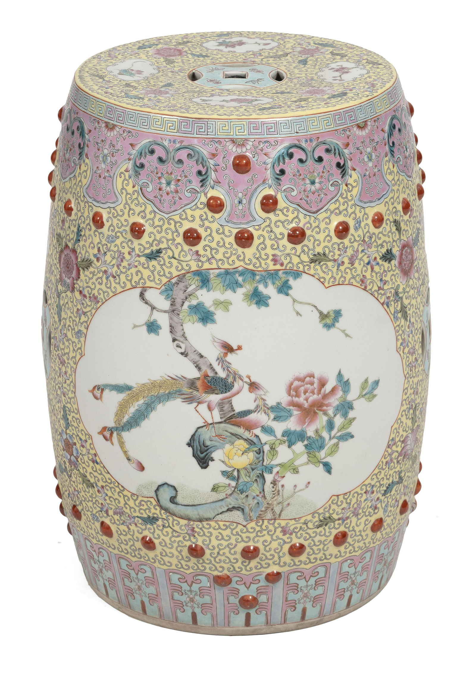 CHINESE FAMILLE ROSE PORCELAIN GARDEN STOOL Late 20th Century, , , , Height 20”. Diameter (1 of 4)