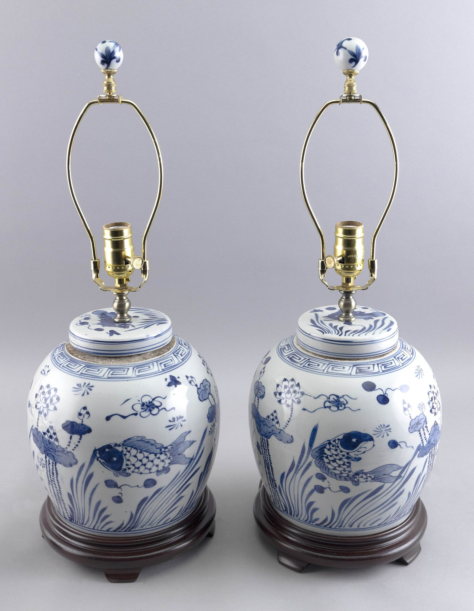 PAIR OF CHINESE BLUE AND WHITE PORCELAIN COVERED GINGER JARS MOUNTED AS TABLE LAMPS 20th Century Jar (1 of 2)