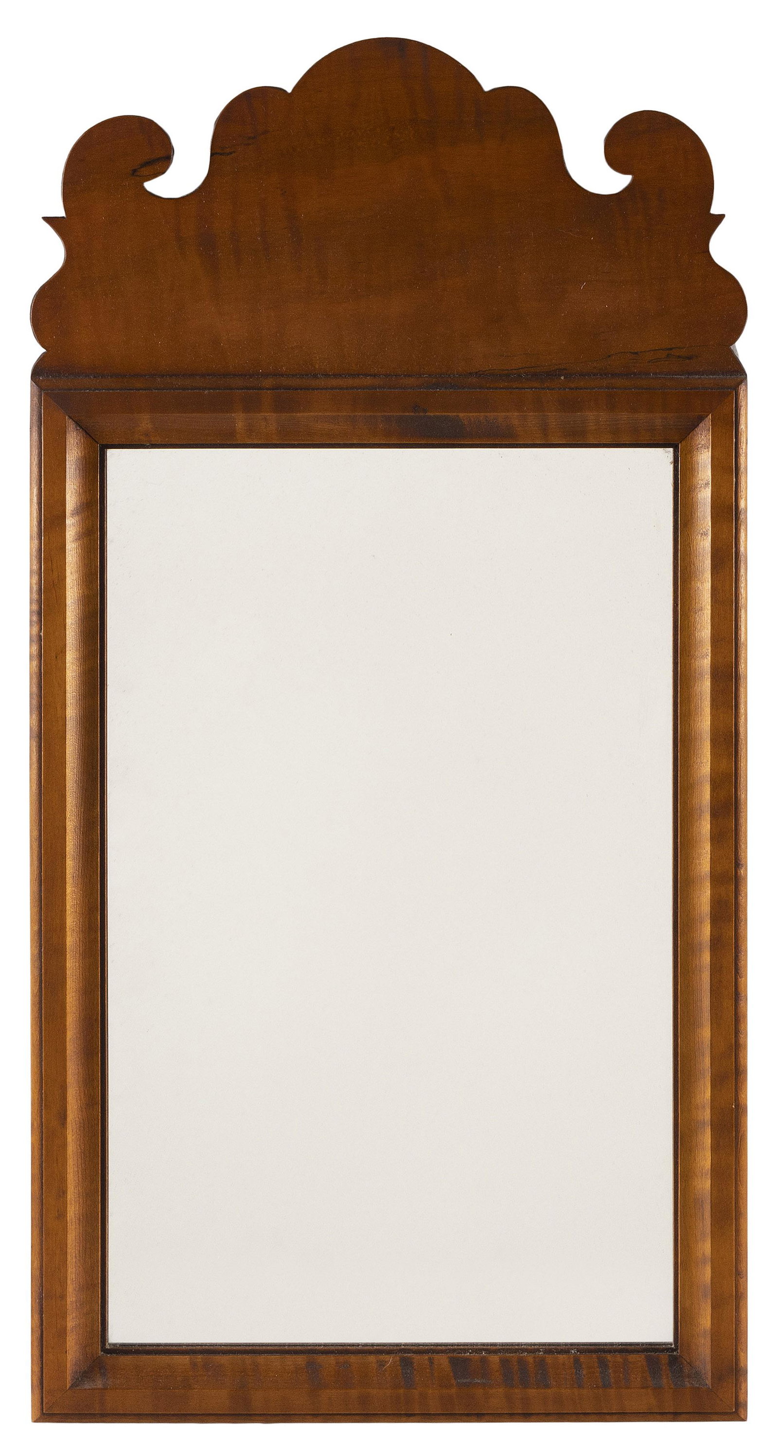 ELDRED WHEELER CHIPPENDALE-STYLE MIRROR Massachusetts, 20th Century Height 24.5". Width 12.5".: ELDRED WHEELER CHIPPENDALE-STYLE MIRROR Massachusetts, 20th Century Tiger maple frame. Original Eldred Wheeler label on back. Height 24.5". Width 12.5".