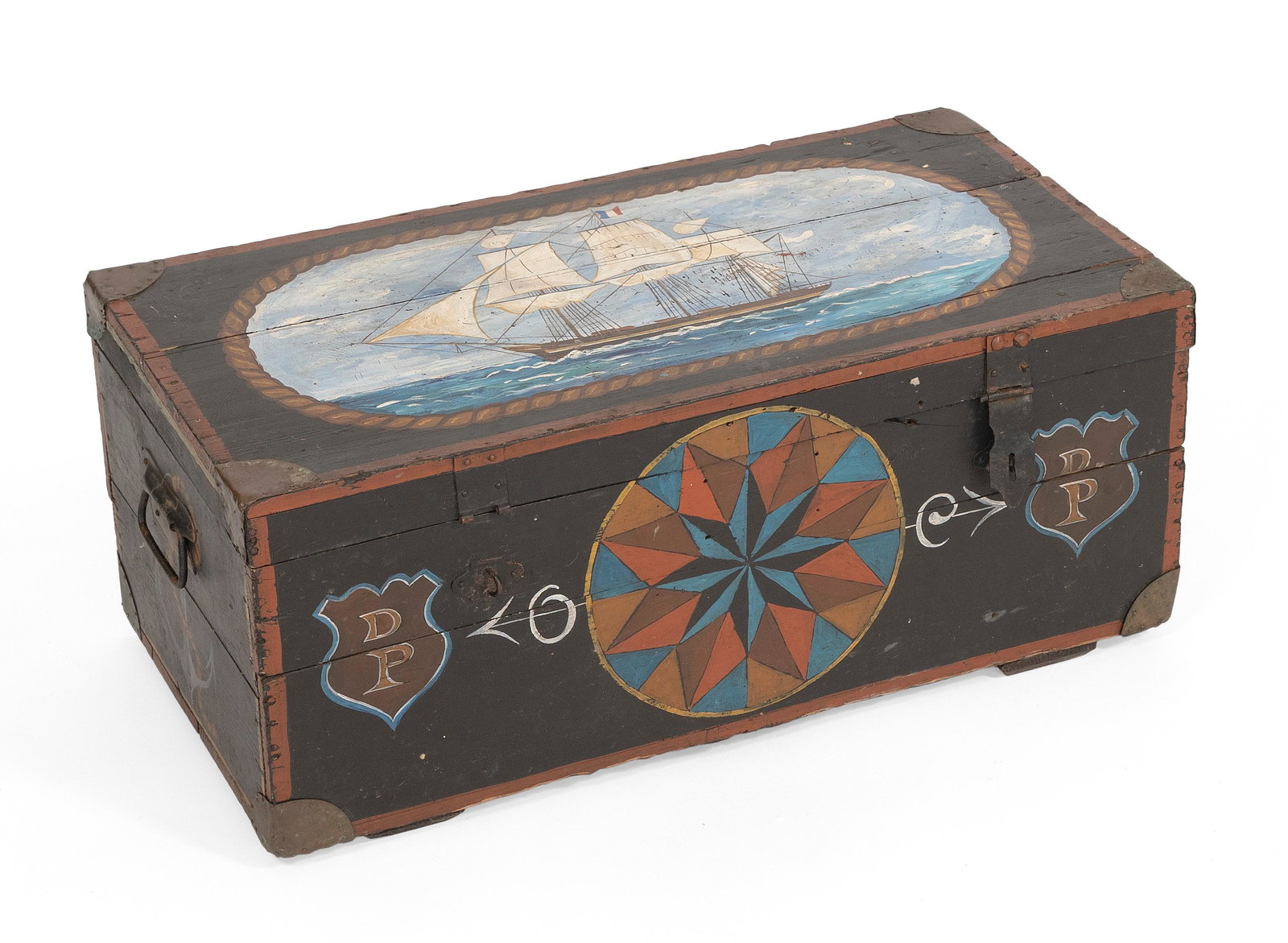PAINTED SEA CHEST 19th Century Height 11”. Width 27.5”. Depth 14”.: PAINTED SEA CHEST 19th Century Later paint decoration of maritime motifs against a black ground. Height 11”. Width 27.5”. Depth 14”.