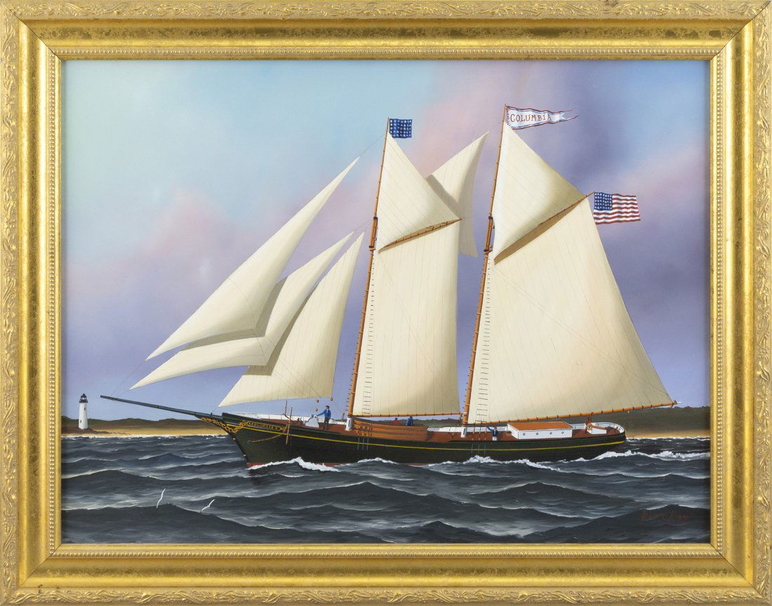 JEROME HOWES (New York/Massachusetts/Vermont, b. 1955), The schooner Columbia., Oil on masonite, 18" (1 of 2)