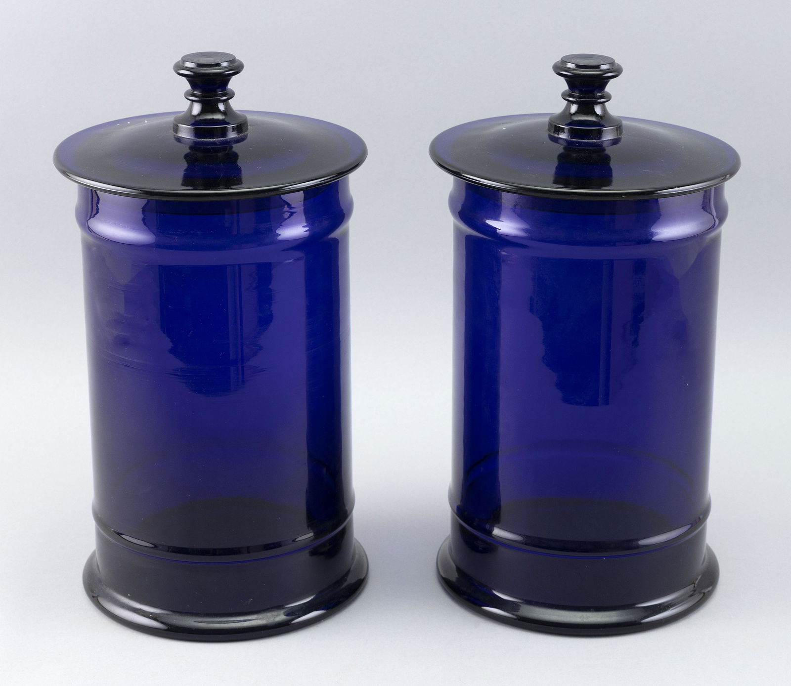 PAIR OF COBALT BLUE GLASS APOTHECARY JARS 20th Century Heights 13”. (1 of 2)
