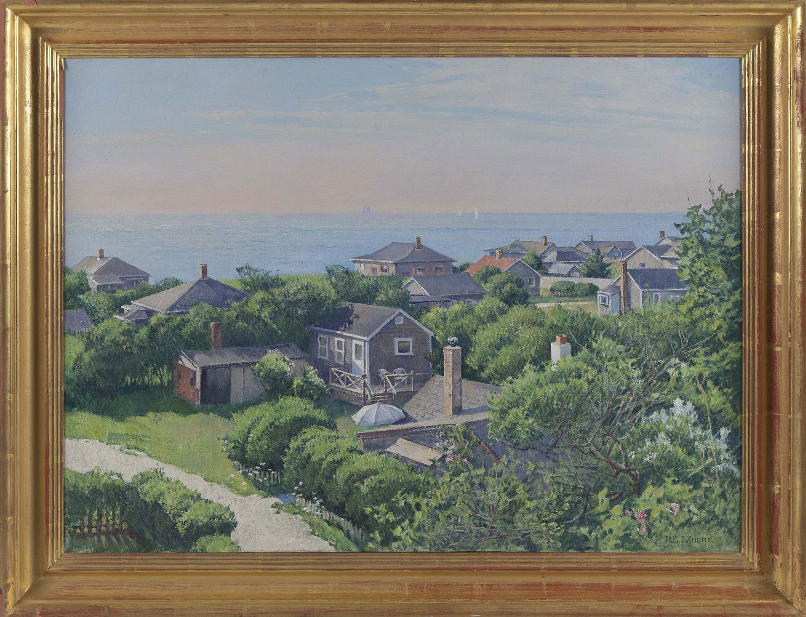 ROBERT E. MOORE (Massachusetts/New York, 1956-2003), Seascape with rooftops, likely Nantucket., Oil (1 of 2)
