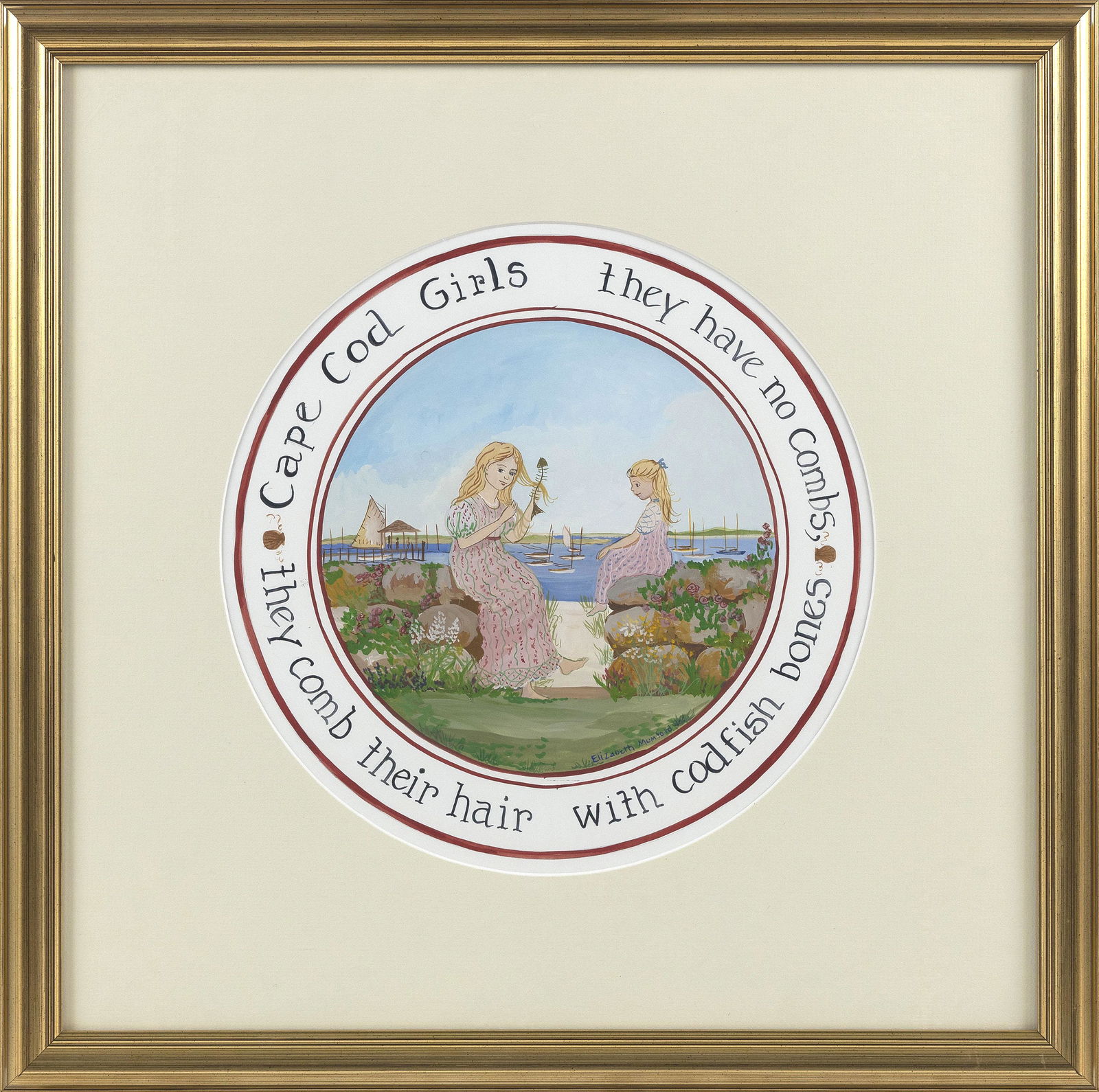 ELIZABETH MUMFORD (Massachusetts, 1950-2020), "Cape Cod Girls, Gouache on paper, diameter 12" sight. (1 of 2)