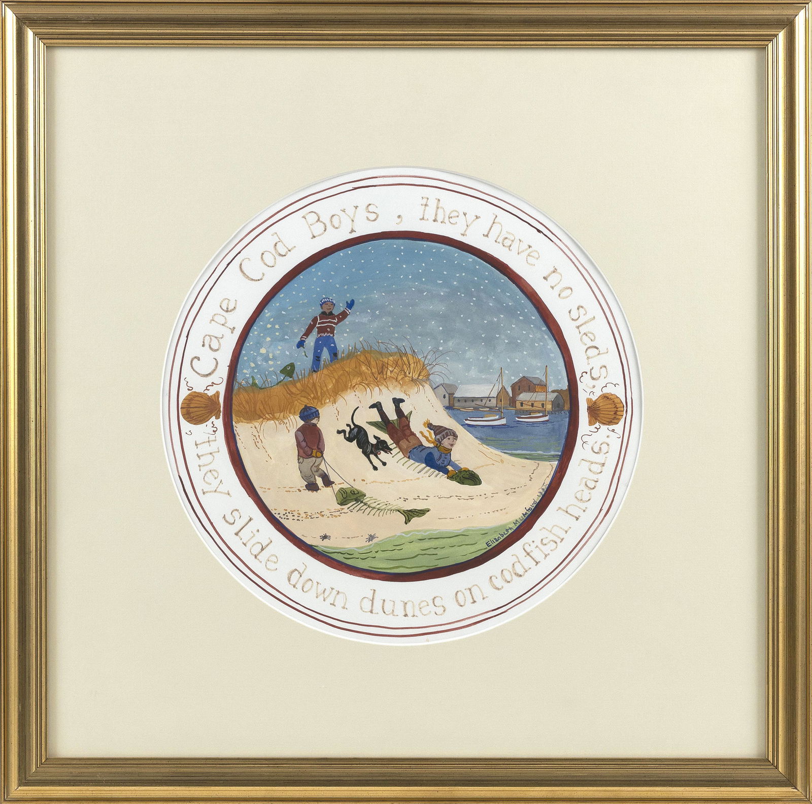 ELIZABETH MUMFORD (Massachusetts, 1950-2020), "Cape Cod Boys, Gouache on paper, diameter 12" sight. (1 of 2)