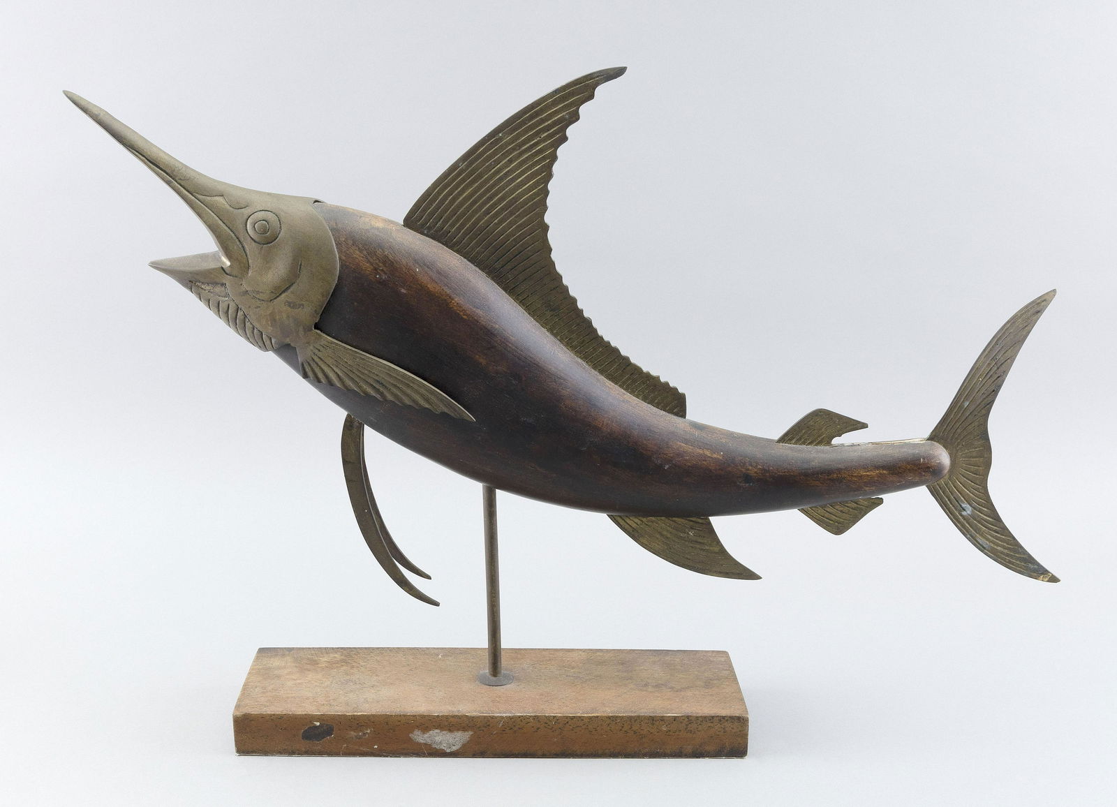 WOOD AND BRASS MODEL OF A SAILFISH 20th Century Length 22”. (1 of 2)