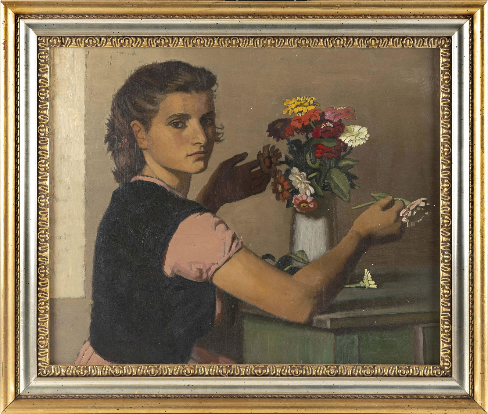 RUGGERO MICHAHELLES (Italy, 1898-1976), Portrait of a woman arranging flowers in a vase., Oil on (1 of 3)
