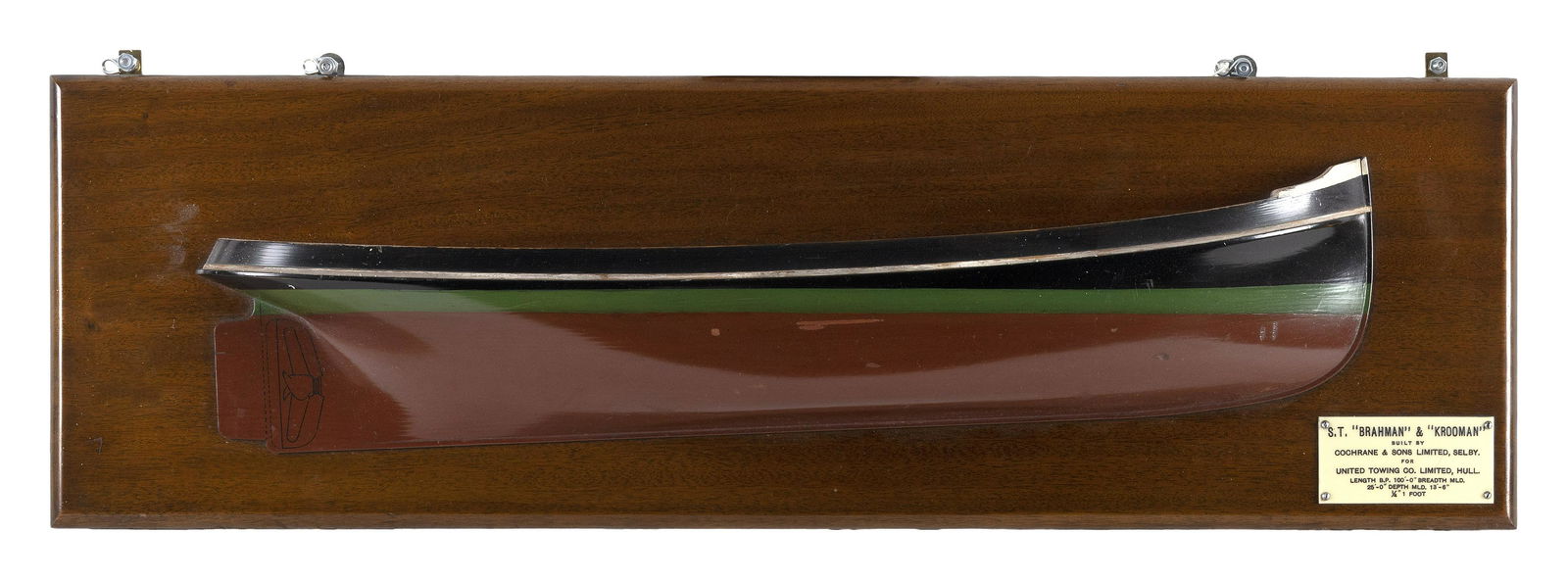 MOUNTED BUILDER’S HALF HULL MODEL OF A WORK BOAT 20th Century Mahogany backboard 10.5” x (1 of 1)