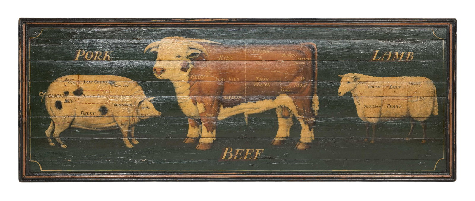 PINE ENGLISH BUTCHER'S SIGN 20th Century 32" x 84".: PINE ENGLISH BUTCHER'S SIGN 20th Century Depicting pork, beef and lamb. 32" x 84".