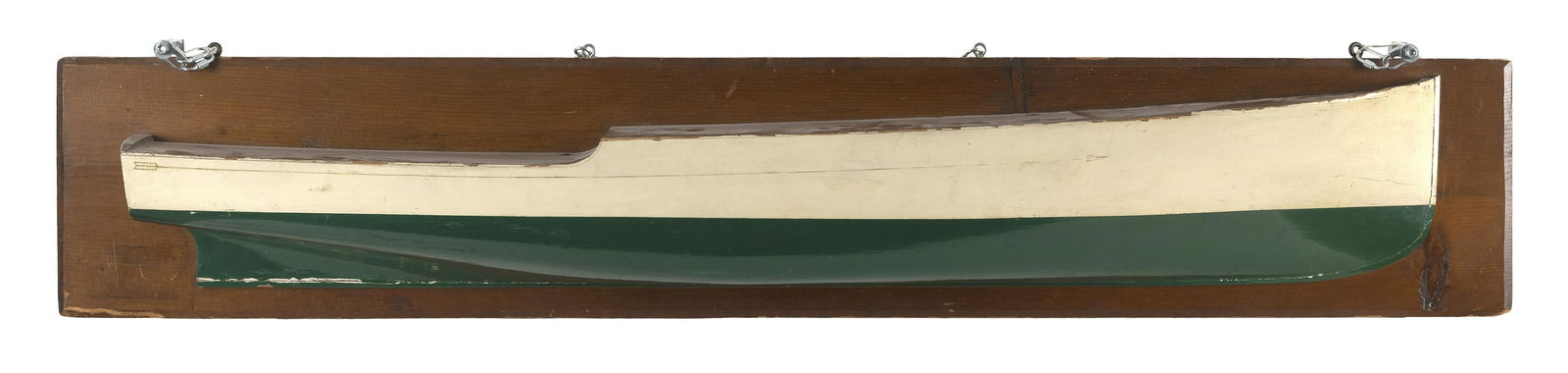 MOUNTED HALF HULL MODEL OF A YACHT First Half of the 20th Century Backboard 10” x 55”. (1 of 1)