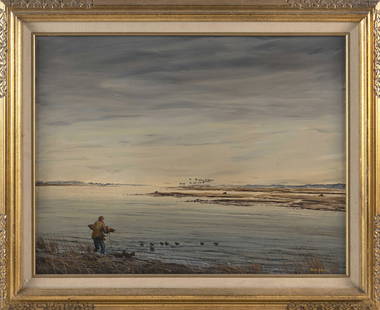 HENRY "HANK" WALKER (America, 1919-1995), "Setting the Decoys"., Oil on canvas, 18” x 24”: HENRY "HANK" WALKERAmerica, 1919-1995"Setting the Decoys". Signed lower right “Hank Walker”. Titled verso.Oil on canvas, 18” x 24”. Framed 23” x 29.5&