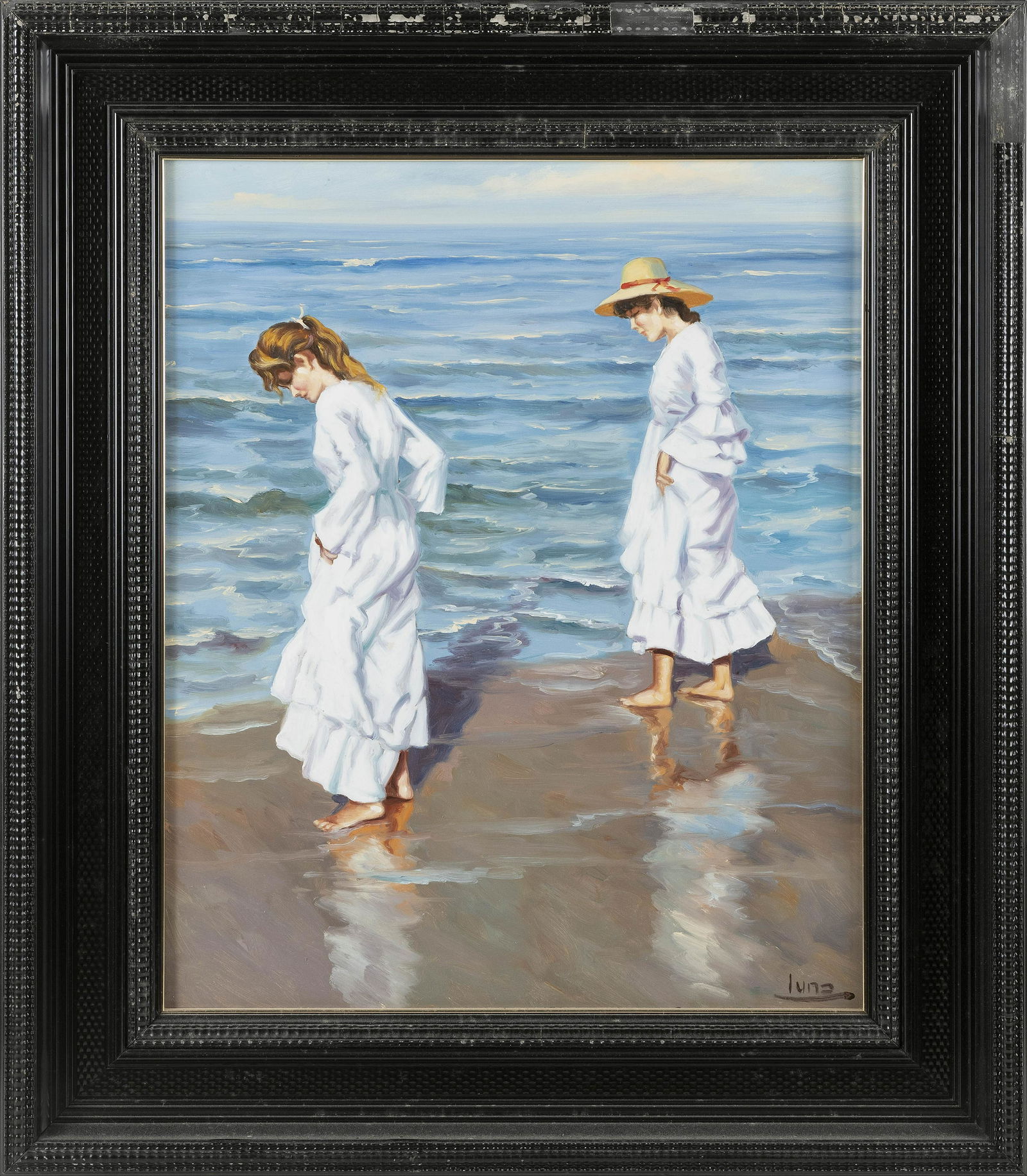 PAINTING OF TWO YOUNG LADIES AT THE BEACH Late 20th Century Oil on canvas, 24" x 20". Framed 32" x (1 of 2)