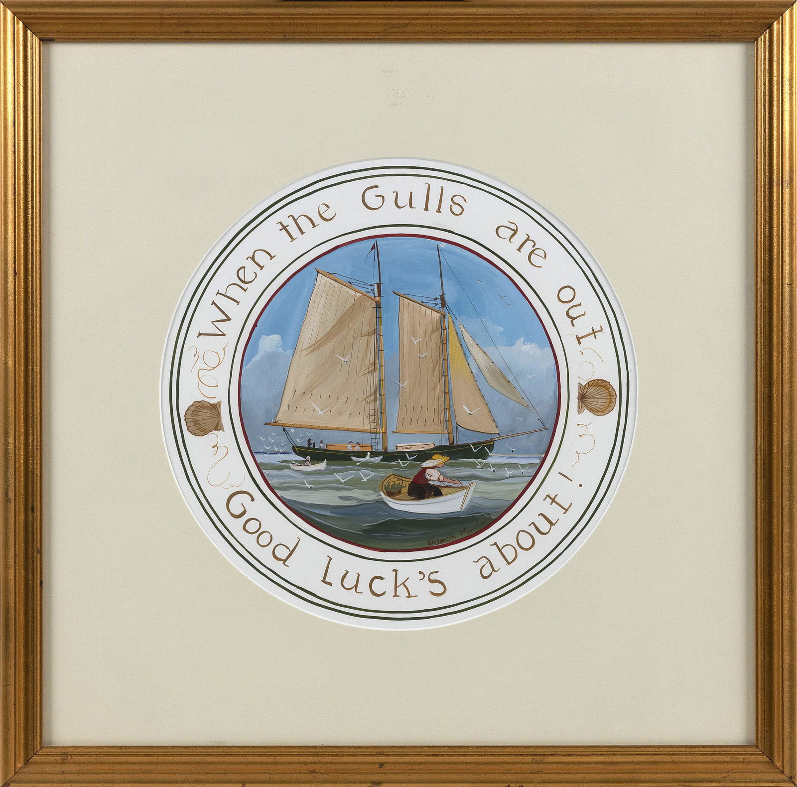 ELIZABETH MUMFORD (Massachusetts, 1950-2020), "When the Gulls Are Out, Gouache on paper, diameter (1 of 2)