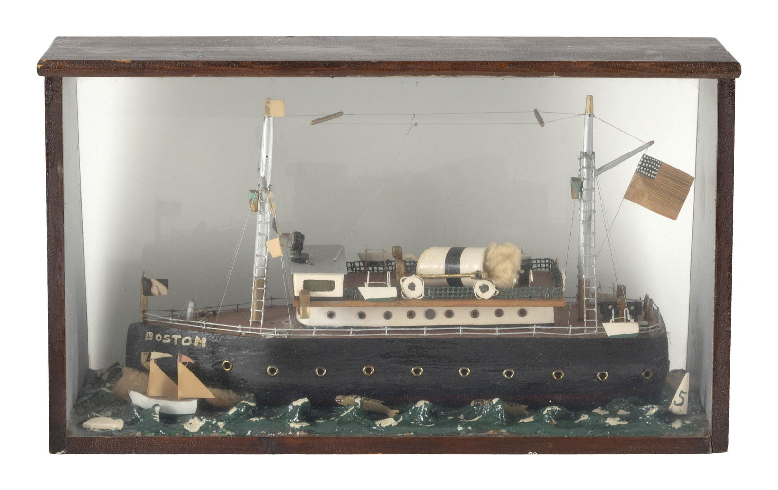 PRIMITIVE MARITIME SHADOW BOX MODEL OF THE VESSEL "BOSTON" 19th Century Case height 12”. Width (1 of 2)