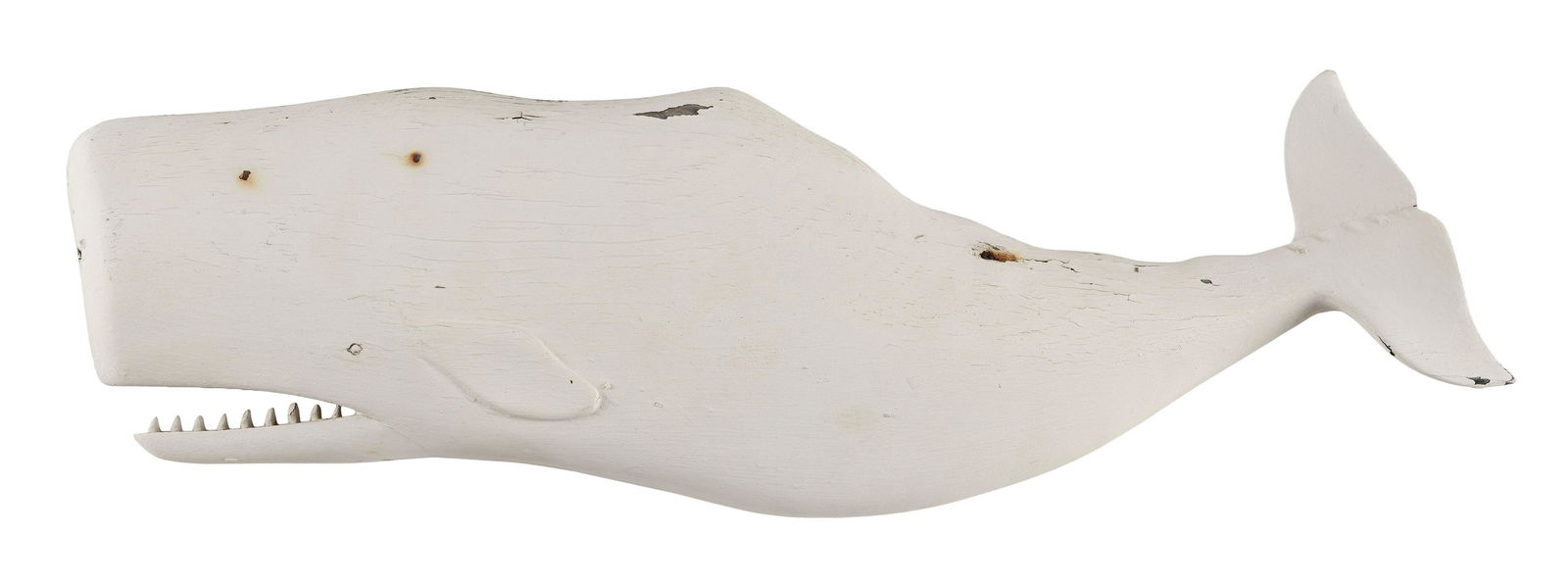 CLARK VOORHEES CARVED AND PAINTED SPERM WHALE 20th Century Length 17”.: CLARK VOORHEES CARVED AND PAINTED SPERM WHALE20th CenturyRepainted white. Stamped on back “C. Voorhees”.Length 17”.